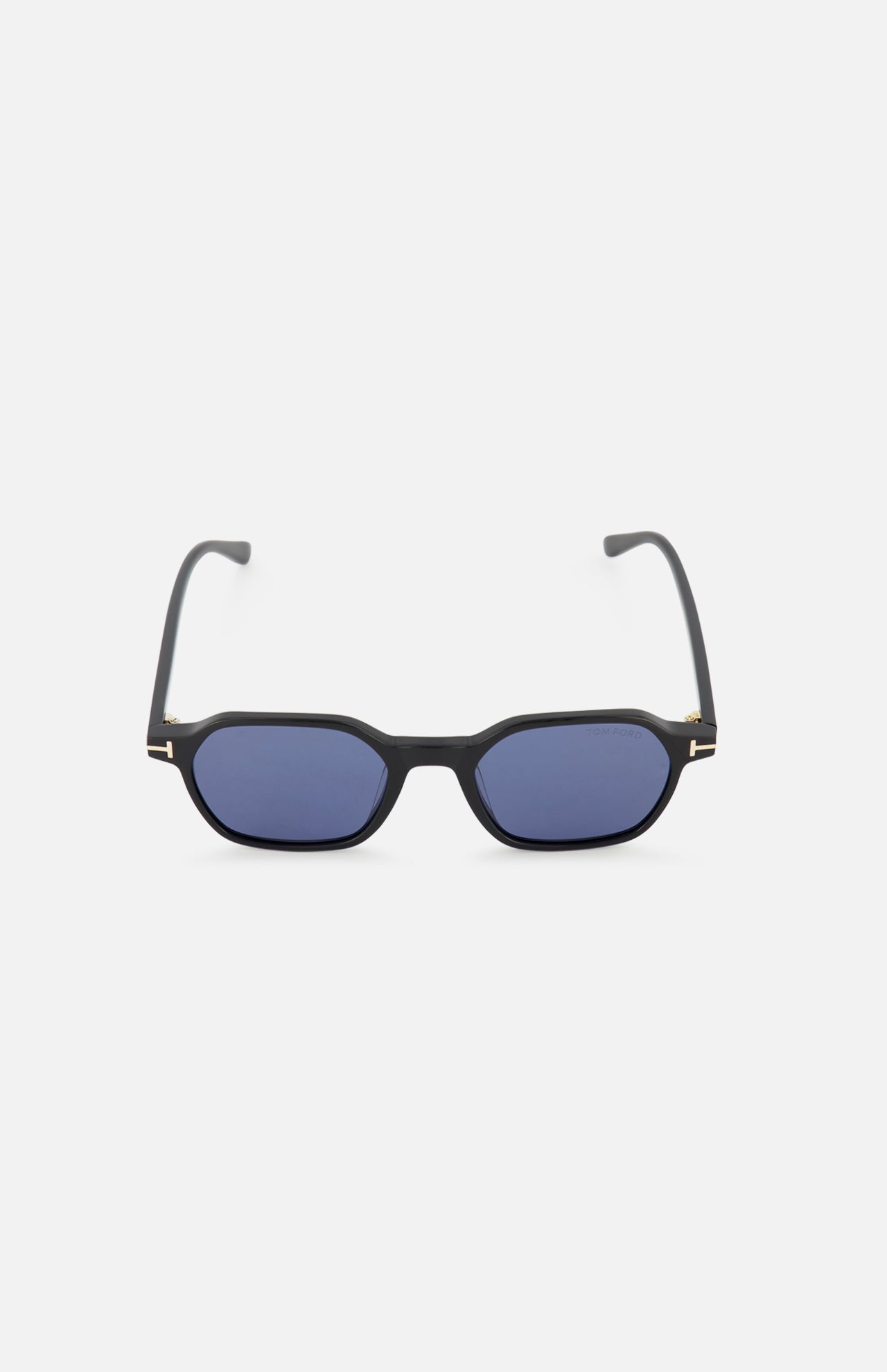 Tom Ford Joey Geometric Black Sunglasses featuring blue tinted lenses and gold-tone T-shaped accents at the hinges.