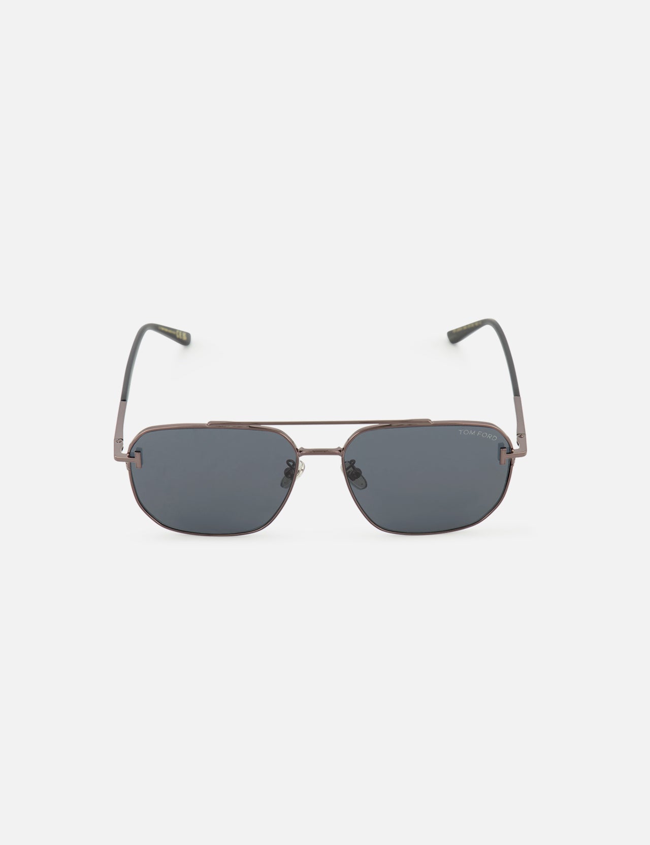 Tom Ford Navigator Grey Sunglasses featuring a thin metal aviator frame with a double bridge and dark grey smoke lenses.