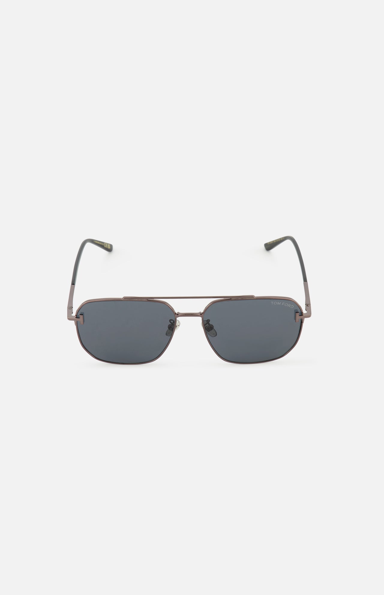 Tom Ford Navigator Grey Sunglasses featuring a thin metal aviator frame with a double bridge and dark grey smoke lenses.