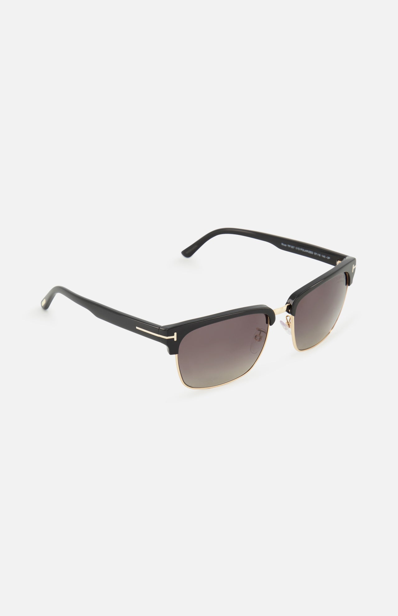 Tom Ford River geometric black sunglasses featuring smoke lenses and gold metal accents on the bridge and temples.