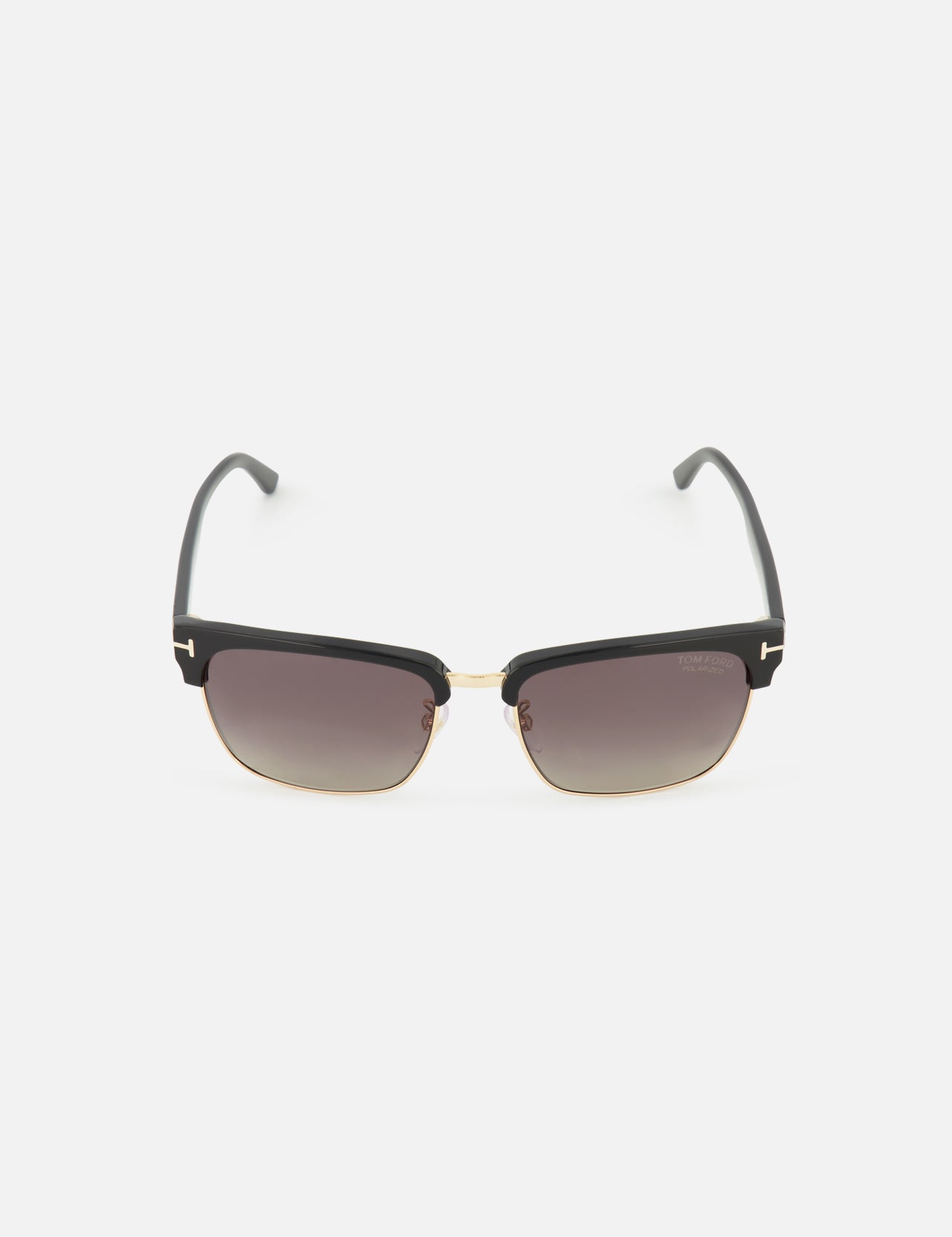 Tom Ford River Geometric Black sunglasses featuring browline styling with black upper frames, gold-tone lower rims, and gradient smoke lenses.