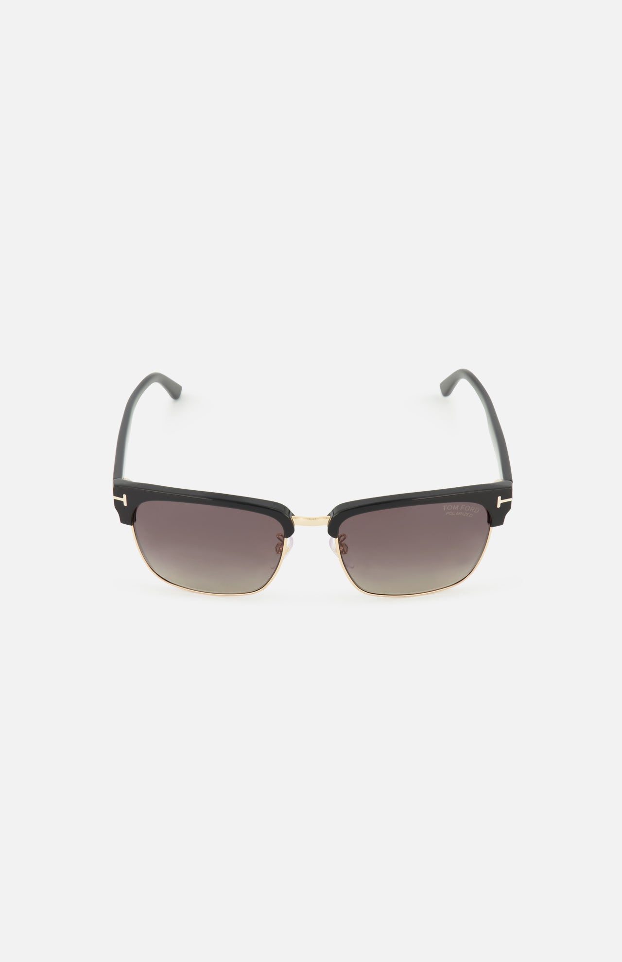 Tom Ford River Geometric Black sunglasses featuring browline styling with black upper frames, gold-tone lower rims, and gradient smoke lenses.