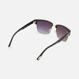 Tom Ford River Geometric Black Sunglasses with a black and gold geometric frame and smoke gradient lenses, viewed from behind.