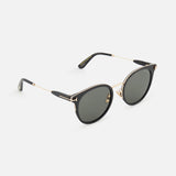 Tom Ford Round Black Sunglasses with round black frames, gradient smoke lenses, and thin gold metal arms.