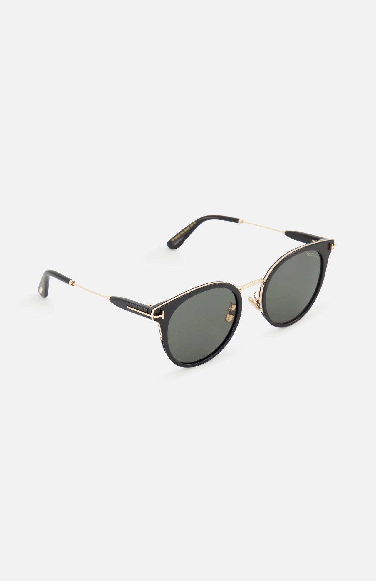 Tom Ford Round Black Sunglasses with round black frames, gradient smoke lenses, and thin gold metal arms.