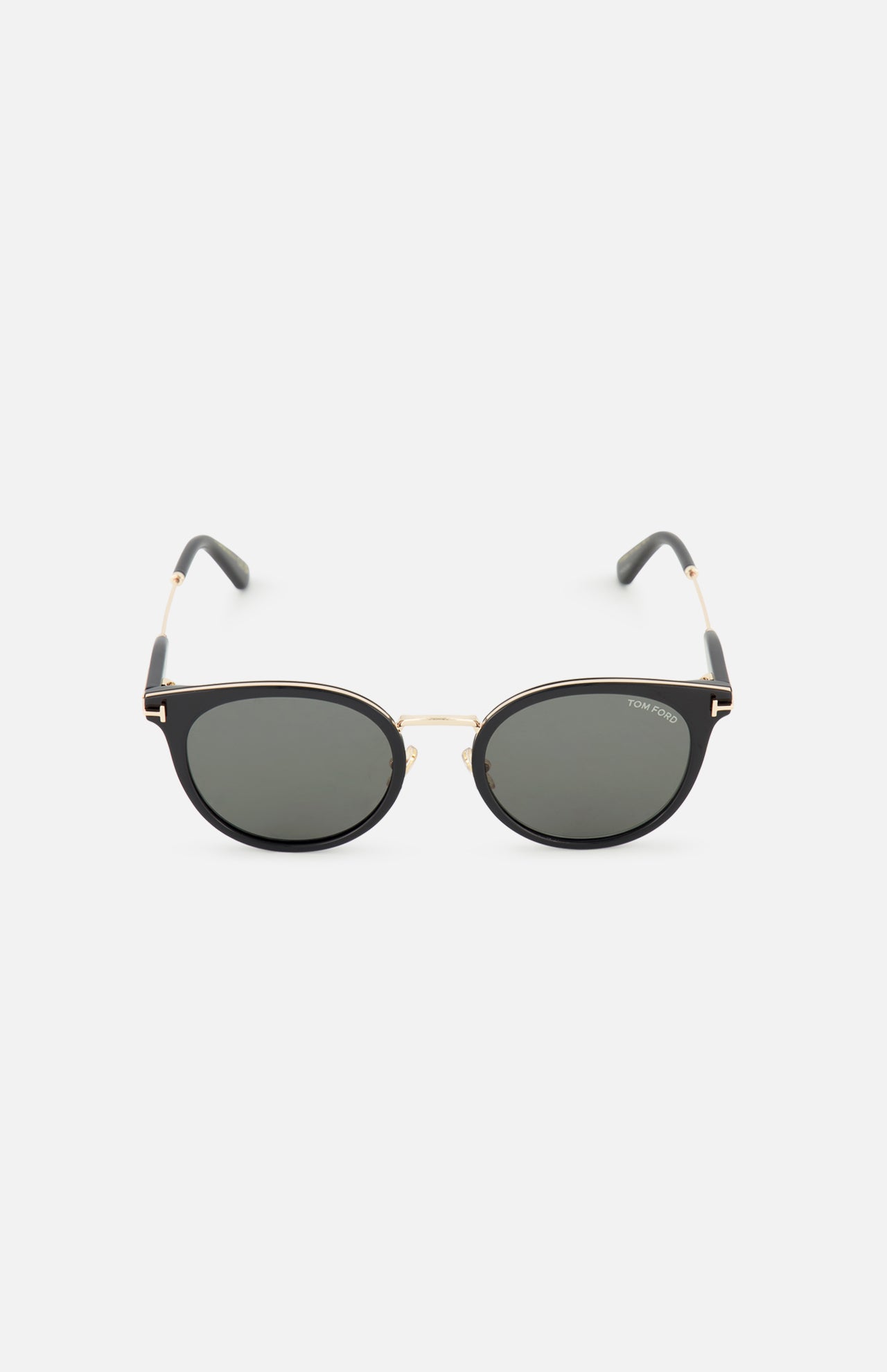 Tom Ford Round Black Sunglasses featuring round black acetate frames with gradient smoke lenses, accented by a thin gold-tone metal bridge and frame details.