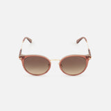 Tom Ford Round Light Brown Sunglasses with light brown lenses, thin gold-tone metal frames, and tortoiseshell arms.