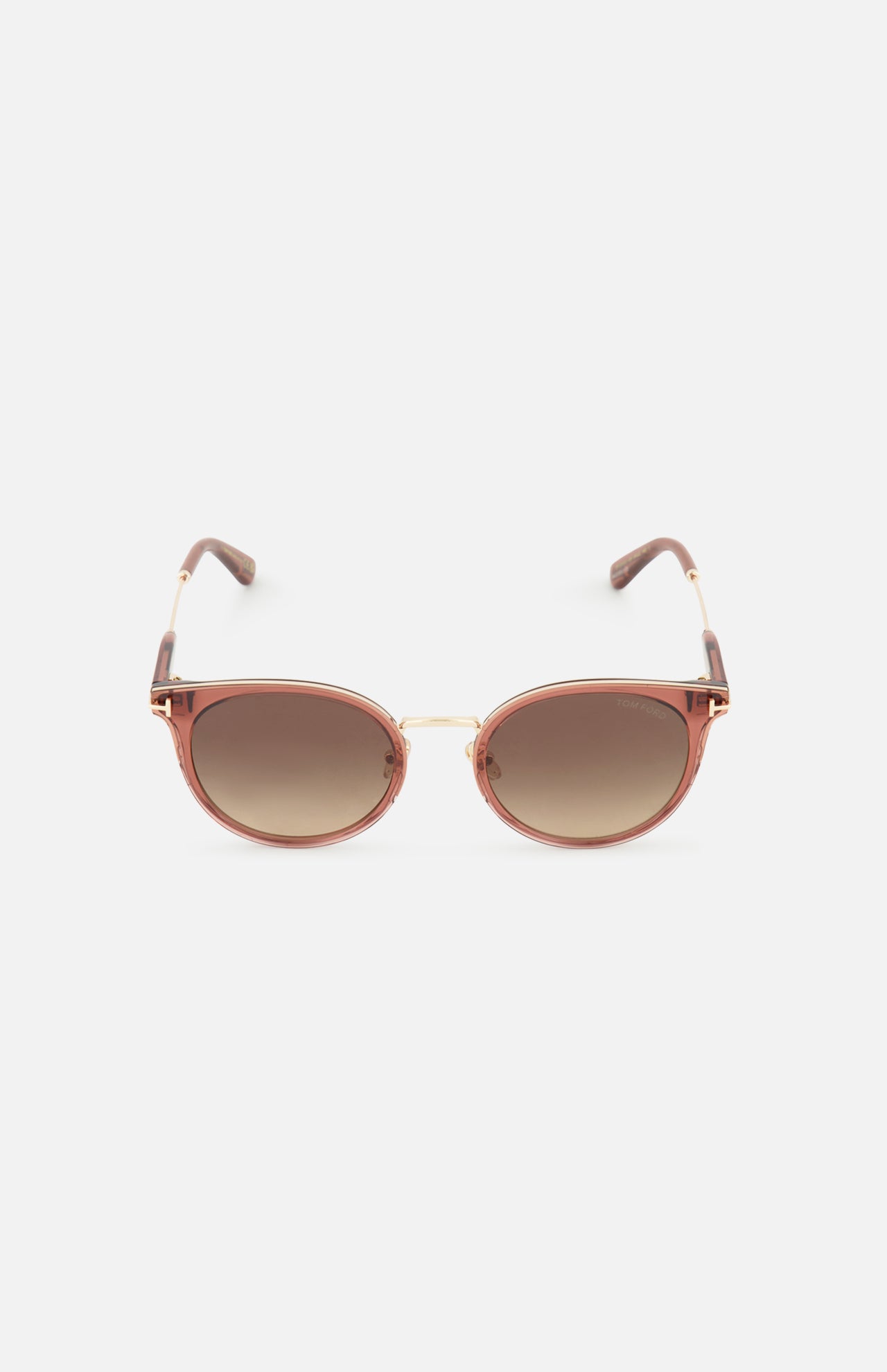 Tom Ford Round Light Brown Sunglasses with light brown lenses, thin gold-tone metal frames, and tortoiseshell arms.