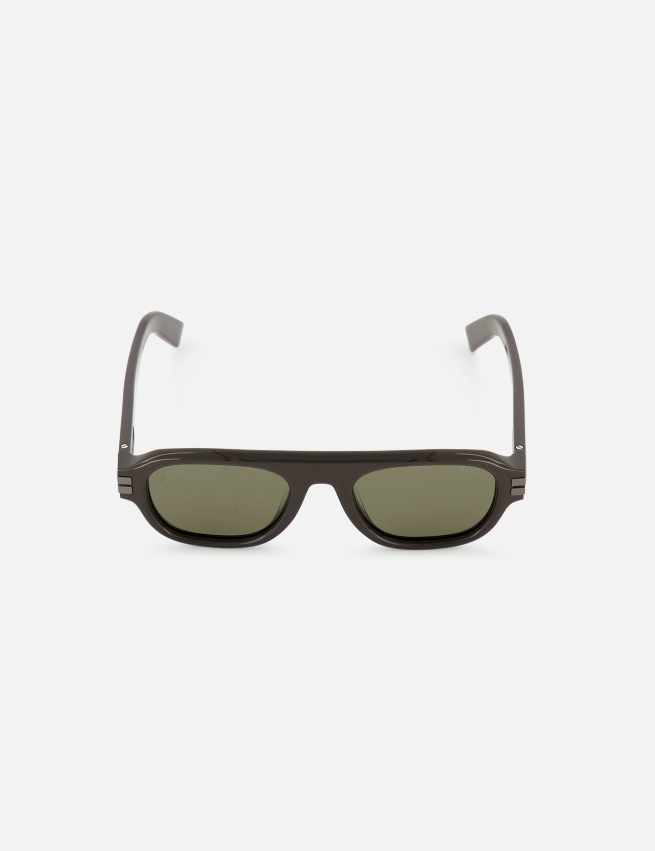 Zegna Geometric Brown Sunglasses with dark brown geometric frames and green lenses.