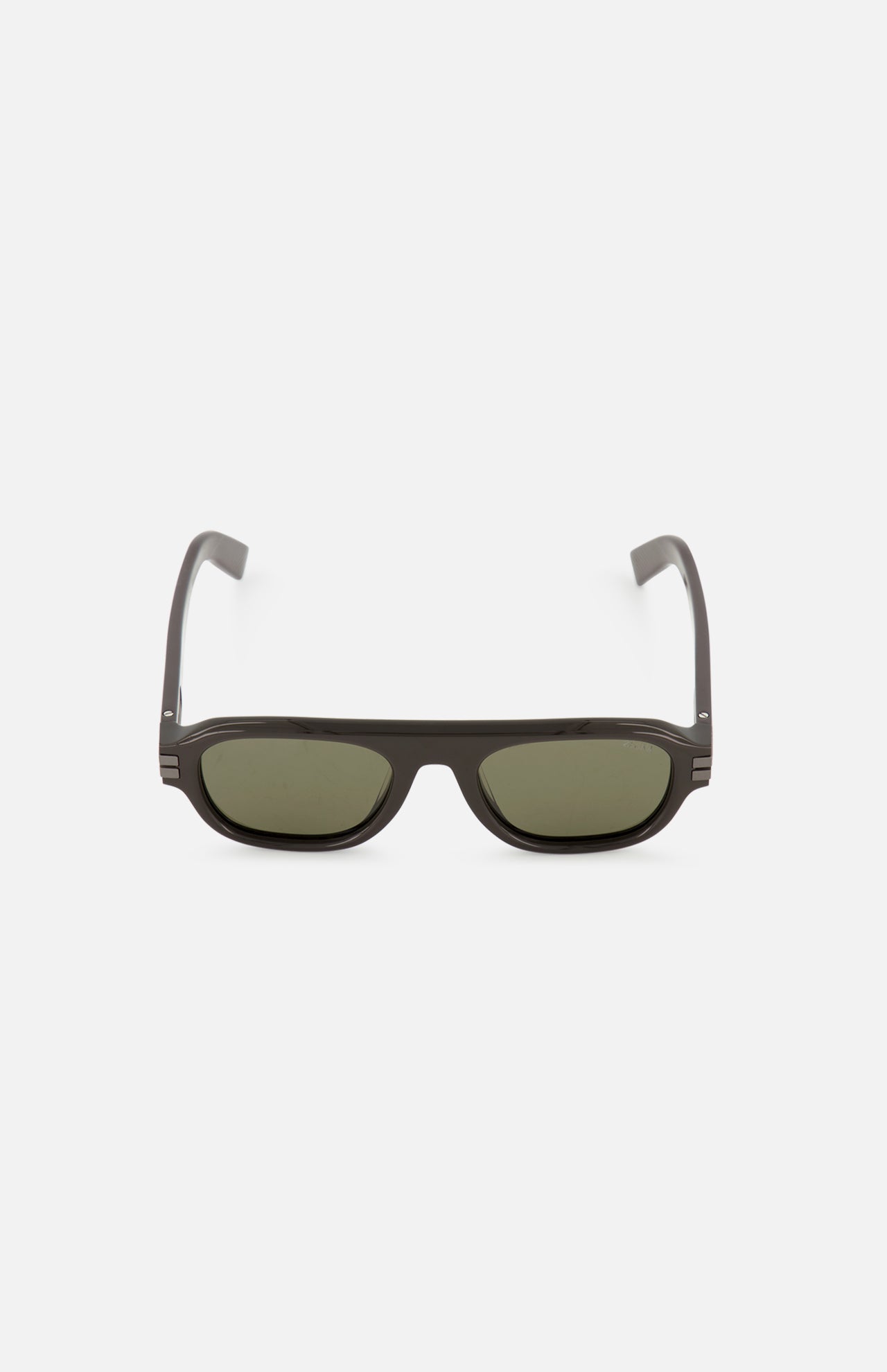 Zegna Geometric Brown Sunglasses with dark brown geometric frames and green lenses.