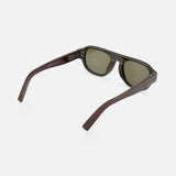 Zegna Geometric Brown Sunglasses with a flat brow bar, dark brown frames, and green lenses, viewed from a rear three-quarter angle.