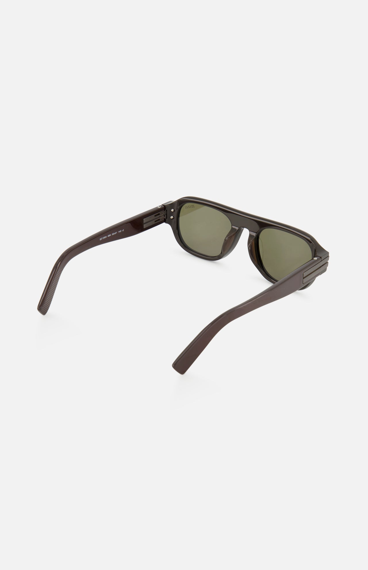 Zegna Geometric Brown Sunglasses with a flat brow bar, dark brown frames, and green lenses, viewed from a rear three-quarter angle.