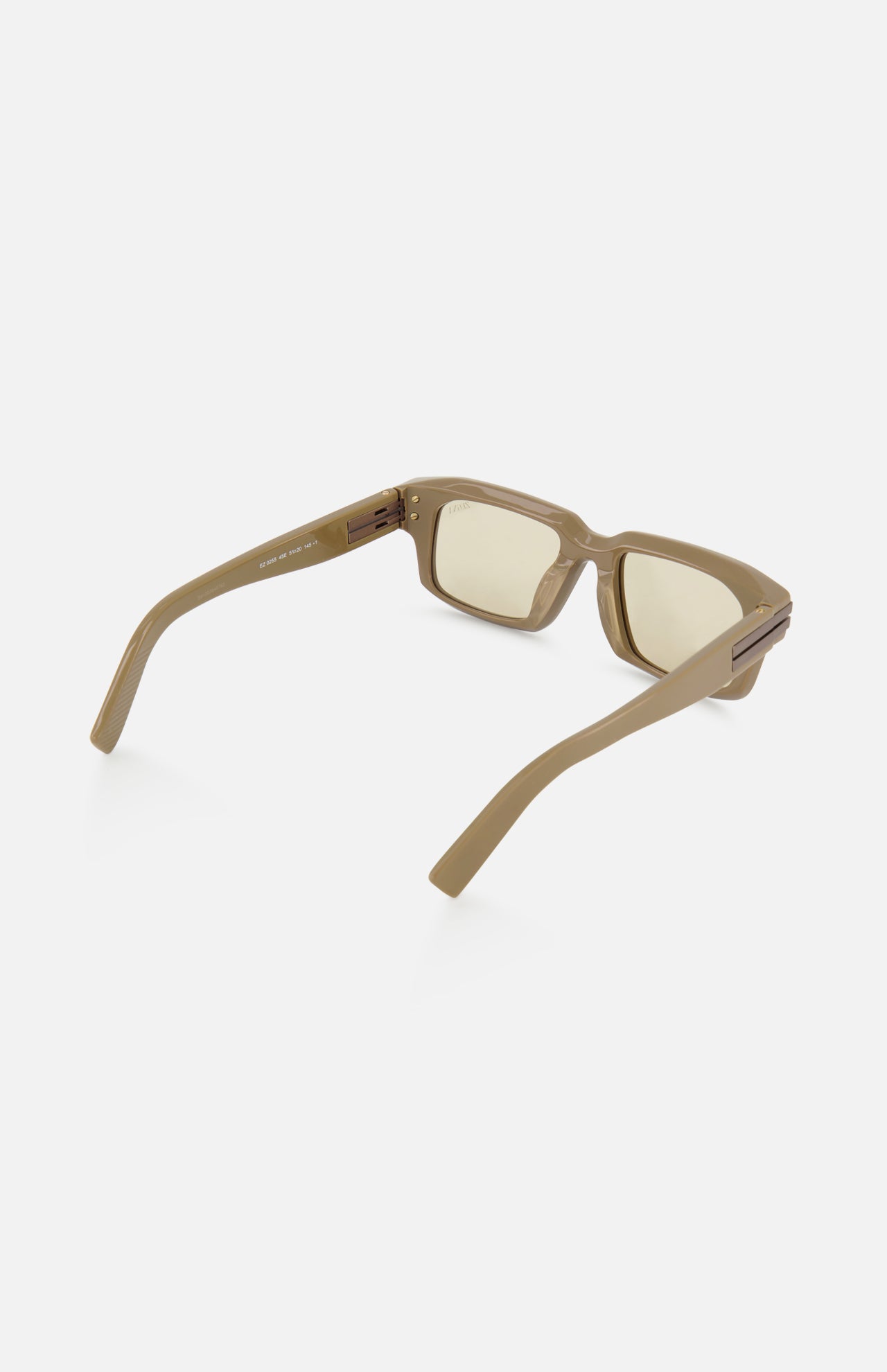 Zegna Rectangular Light Brown Sunglasses in a light brown rectangular frame with beige lenses, viewed from behind.