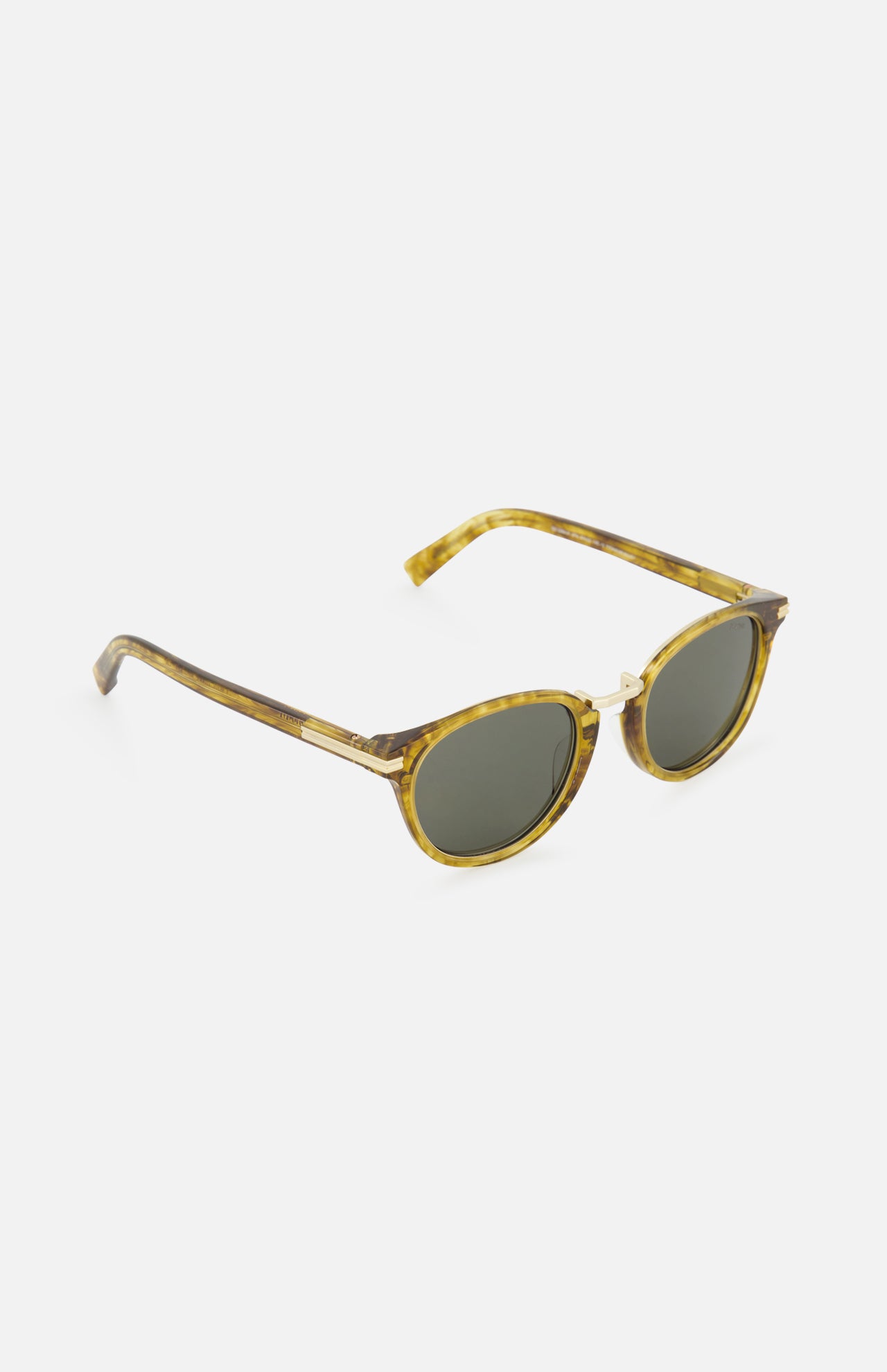 Zegna Round Golden Brown Sunglasses featuring round tortoiseshell frames, green lenses, and a gold bridge.