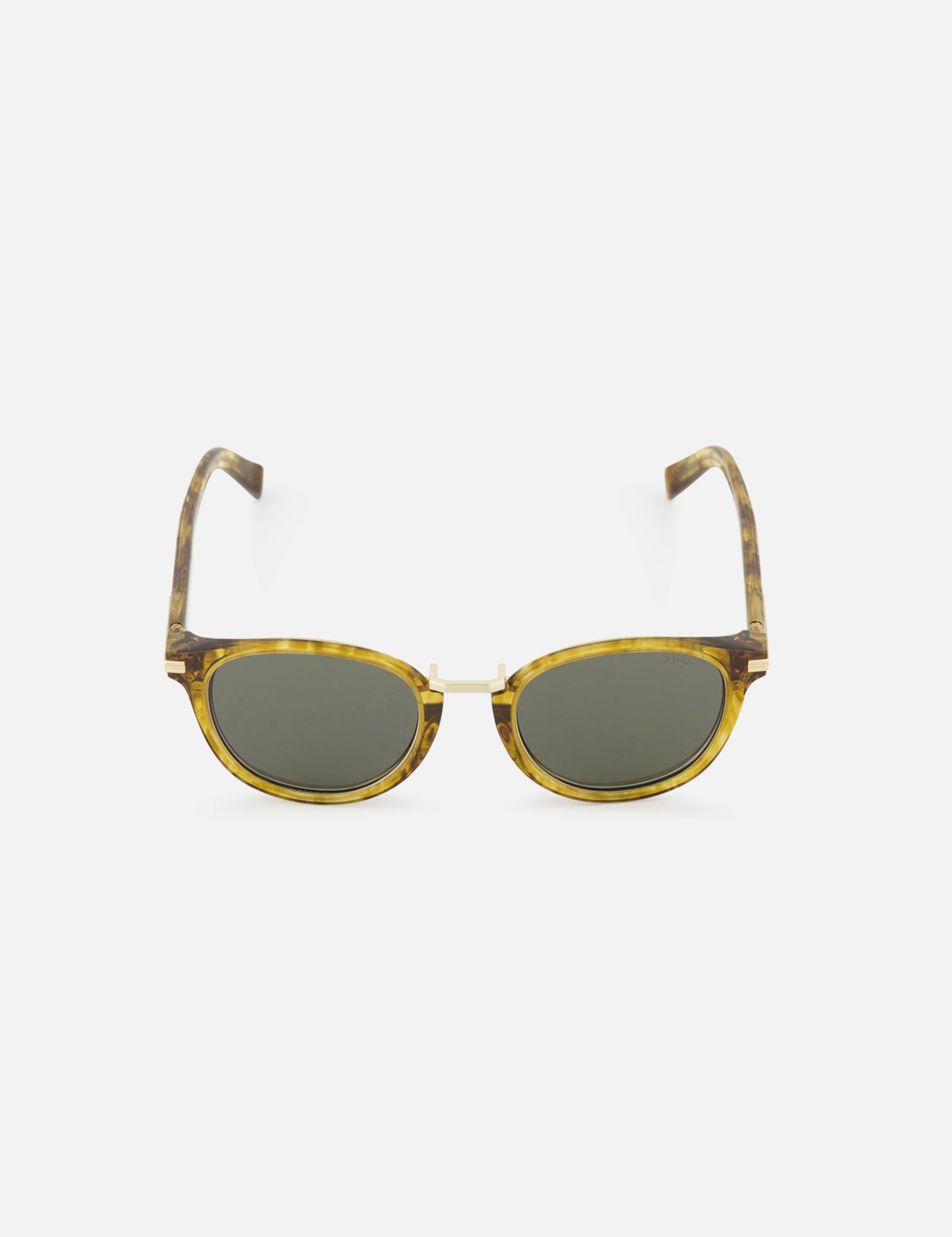 Zegna Round Golden Brown Sunglasses featuring a round tortoiseshell frame, green lenses, and a thin gold bridge.