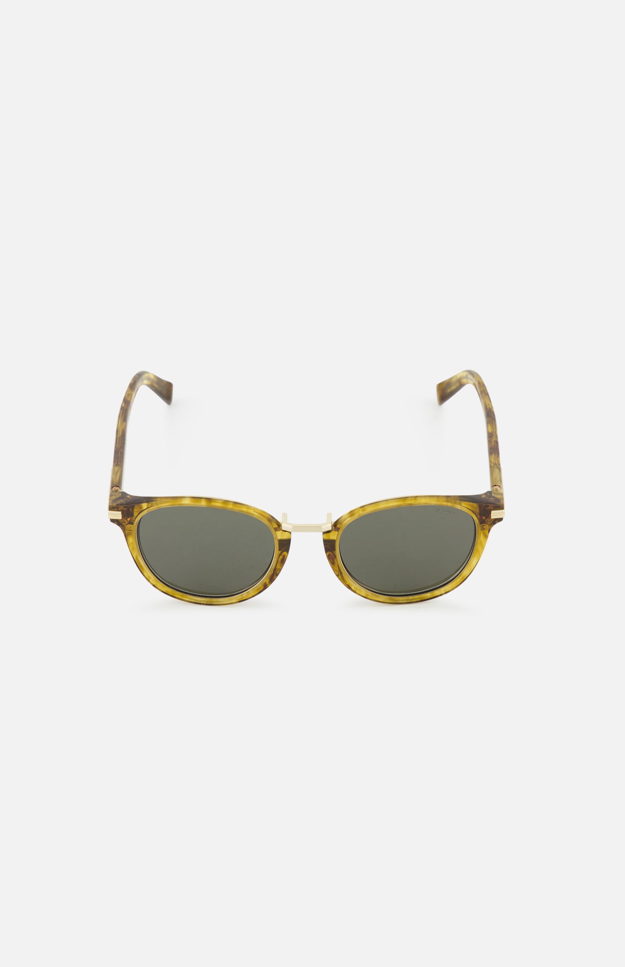 Zegna Round Golden Brown Sunglasses featuring a round tortoiseshell frame, green lenses, and a thin gold bridge.