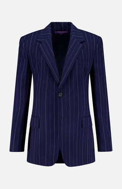The Marcy Blazer by RALPH LAUREN COLLECTION is a tailored women’s navy wool blazer with white pinstripes, single button closure, notched lapels, front flap pockets, and a chest pocket shown on a plain white background.