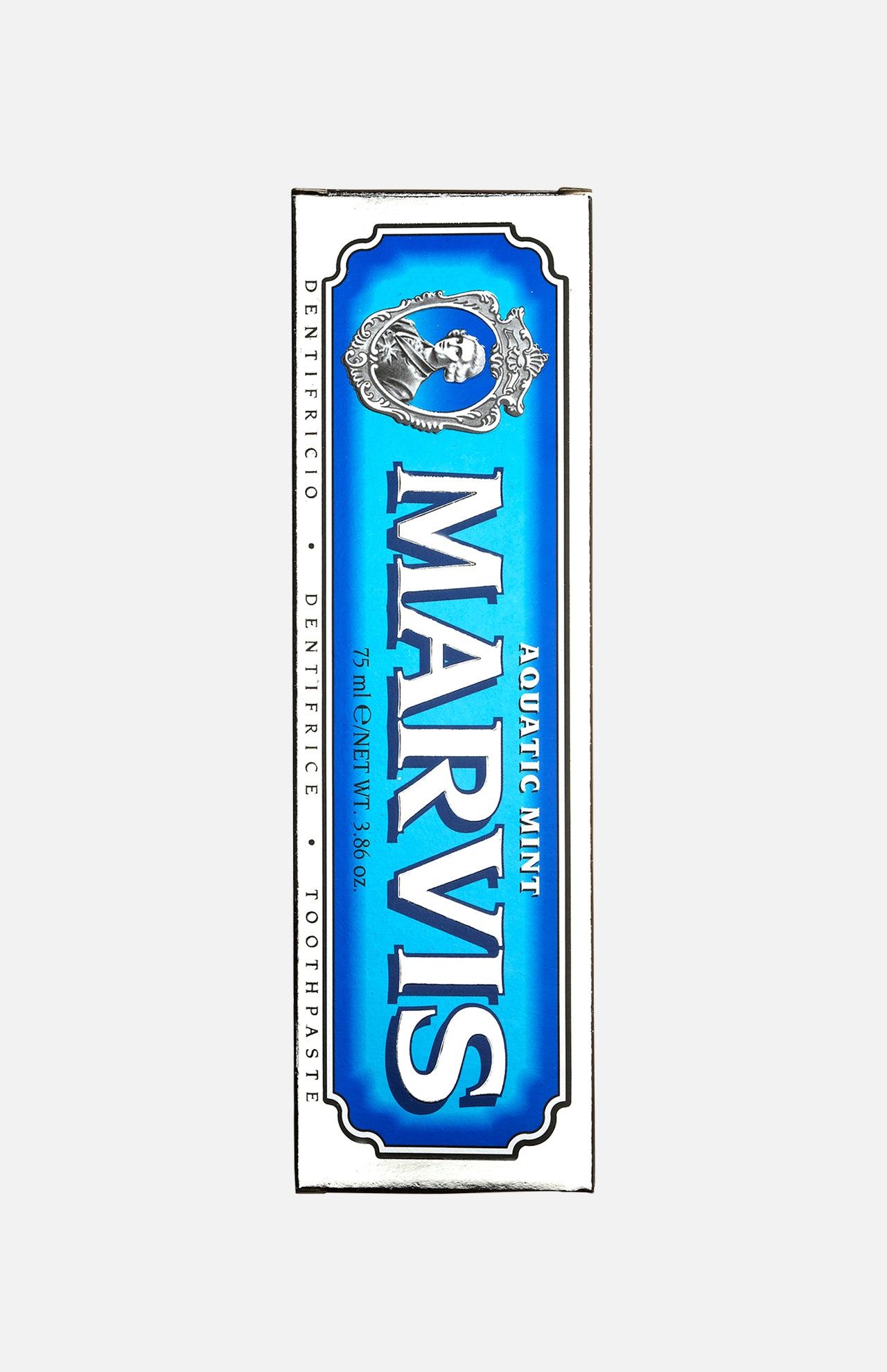 A 75 ml box of MARVIS Aquatic Mint Toothpaste, featuring distinctive blue and white packaging with an illustrated emblem at the top—an icon of Italian oral care elegance.