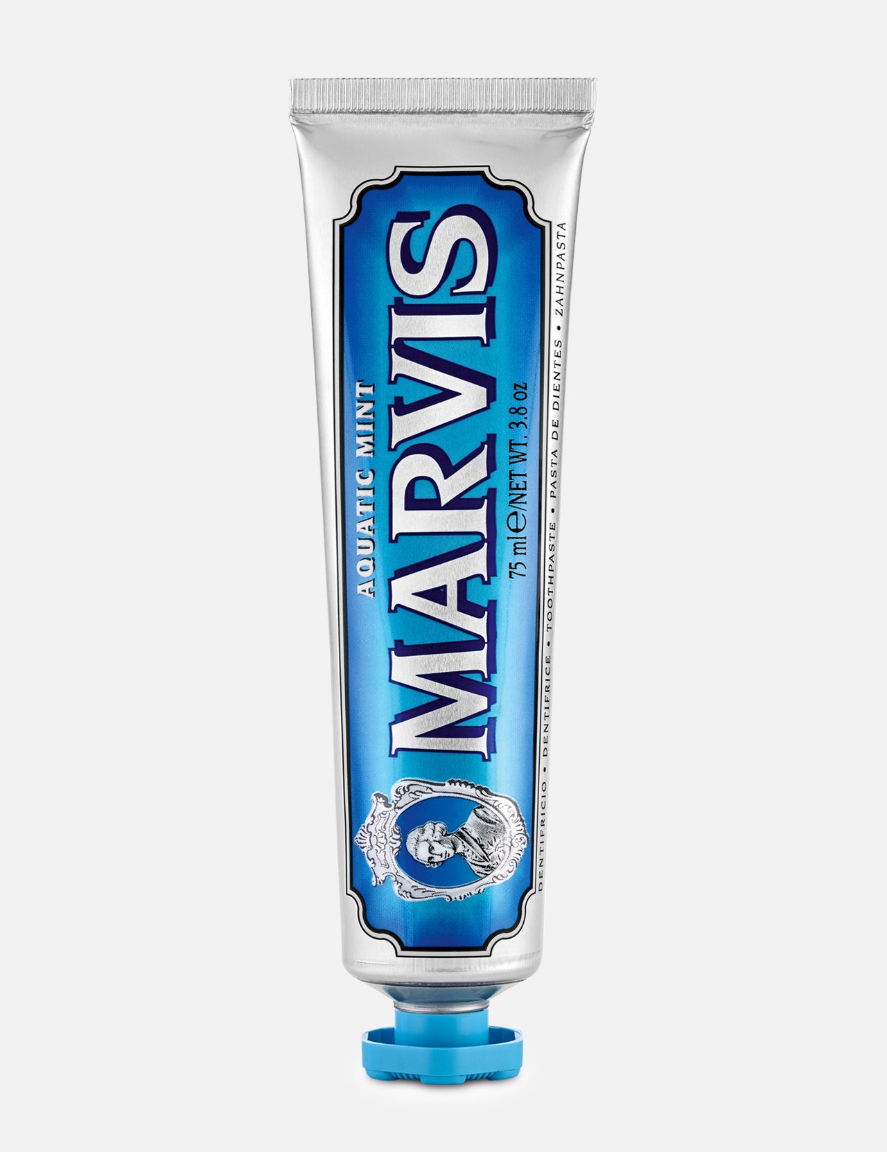 A tube of MARVIS Aquatic Mint Toothpaste, distinguished by its blue and silver retro-inspired packaging and upright orientation with the cap at the bottom, exemplifies iconic Italian design that brings elegance to your daily routine.