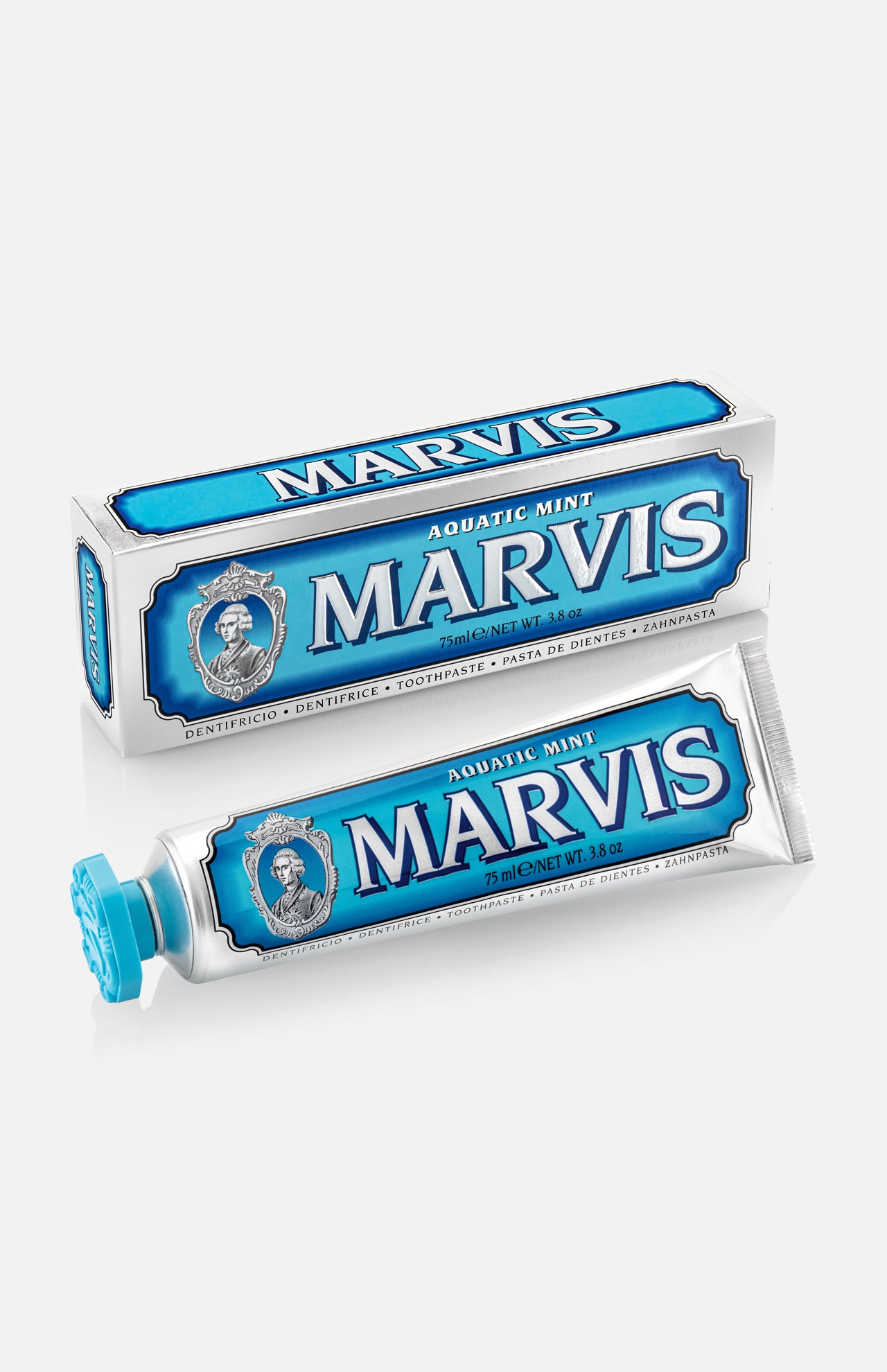 A box and tube of MARVIS Aquatic Mint Toothpaste, both featuring blue and white packaging with a vintage design and a portrait, are displayed on a white background. This premium toothpaste embodies the classic Italian tradition with its refreshing Aquatic Mint flavor.