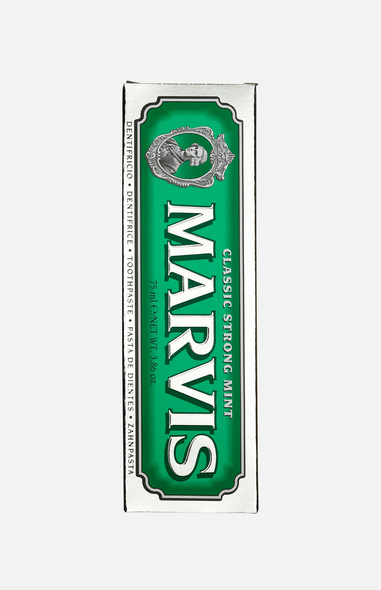 A box of MARVIS Classic Strong Mint Toothpaste featuring a green and white design with the brand name and a vintage-style illustration above the text. This Italian-made toothpaste offers a concentrated formula for an invigorating clean.