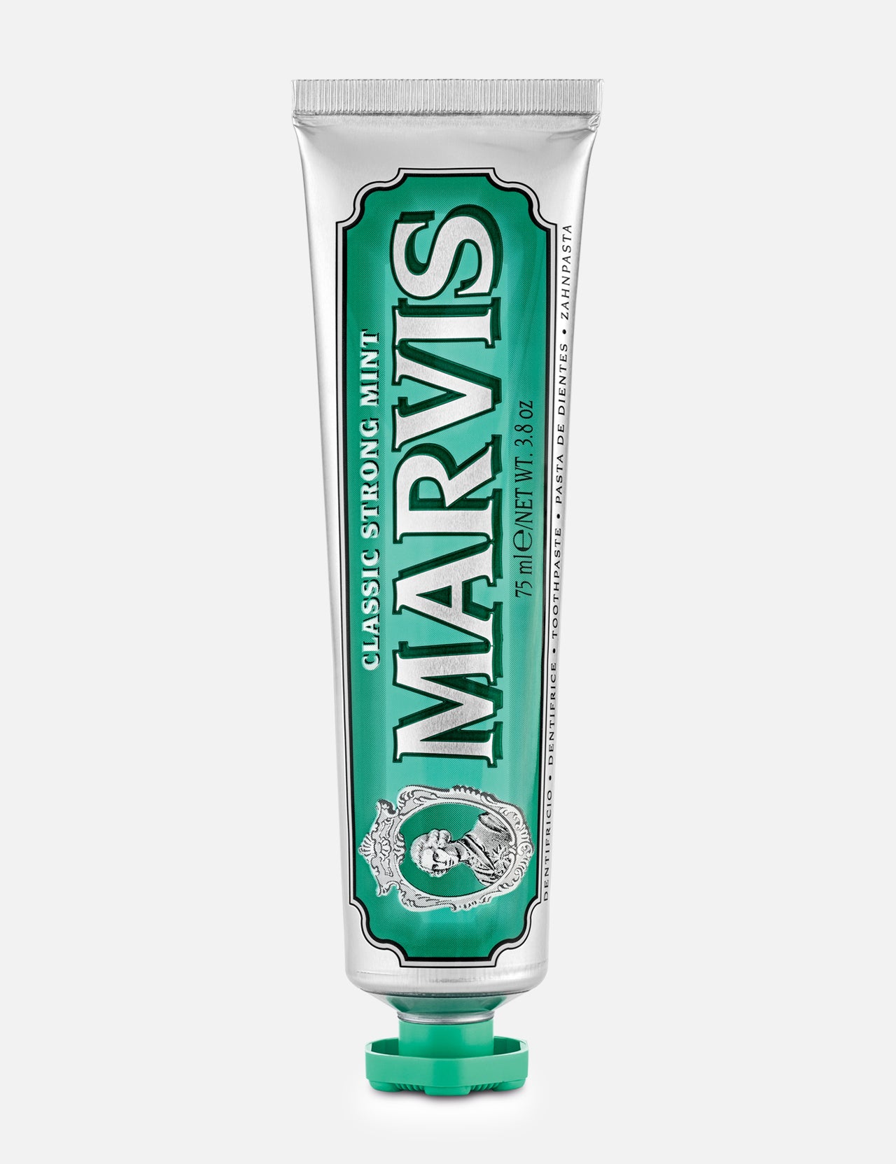 A silver and green tube of MARVIS Classic Strong Mint Toothpaste stands upright with the cap at the bottom. This Italian-made toothpaste features a concentrated paste formula and displays the MARVIS logo along with product details.