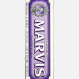 A 75 ml box of MARVIS Jasmin Mint Toothpaste, elegantly presented in purple and silver décor with an ornate frame and logo—an authentic Italian-made luxury toothpaste that enhances your daily routine.