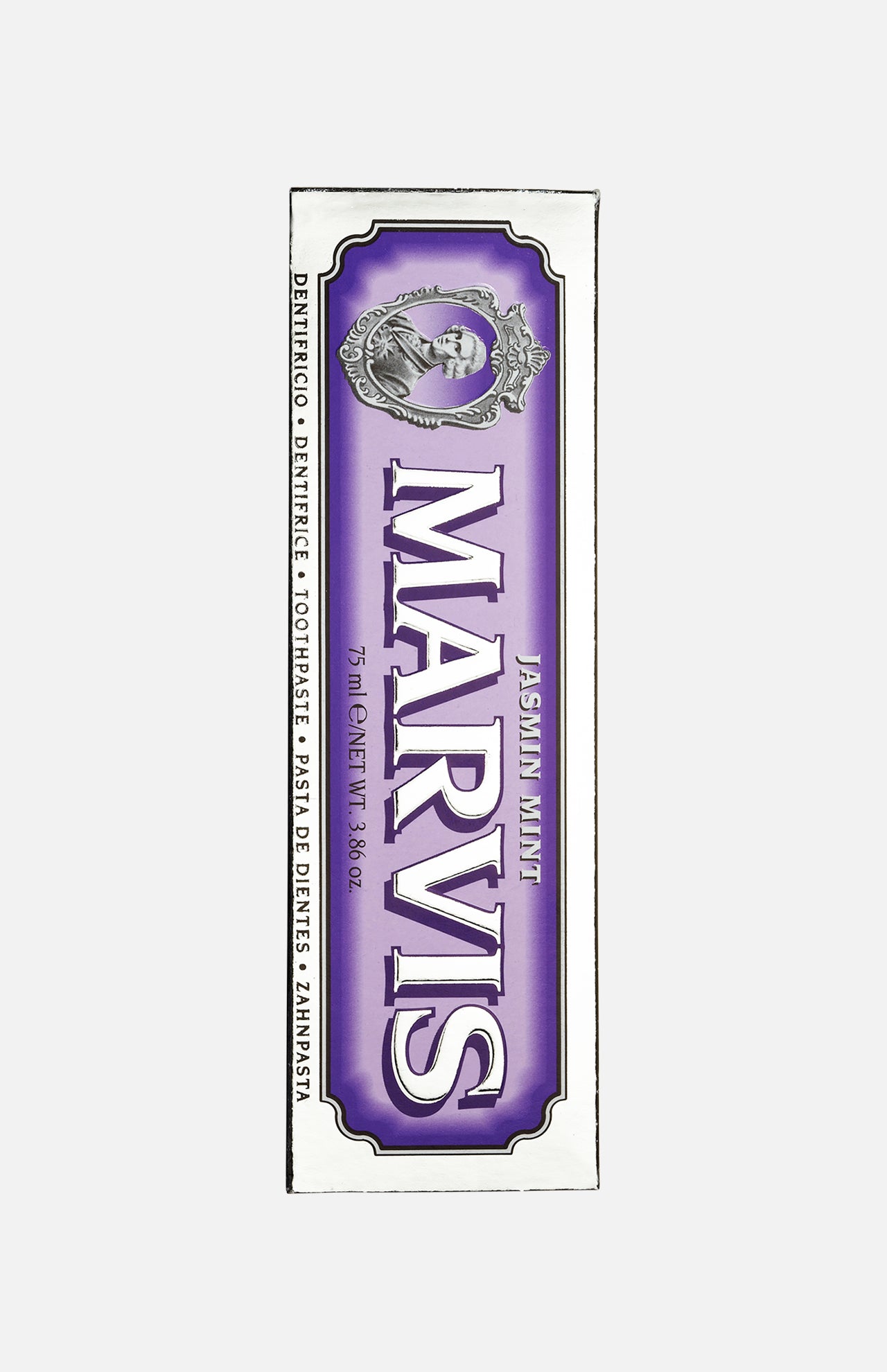 A 75 ml box of MARVIS Jasmin Mint Toothpaste, elegantly presented in purple and silver décor with an ornate frame and logo—an authentic Italian-made luxury toothpaste that enhances your daily routine.