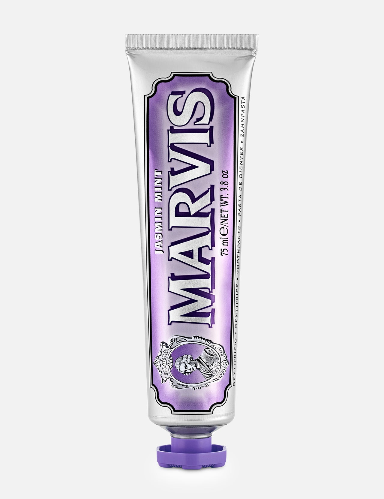 A silver tube of MARVIS Jasmin Mint Toothpaste, crafted in Italy, stands upright against a plain white background, distinguished by its purple accents and matching purple cap.