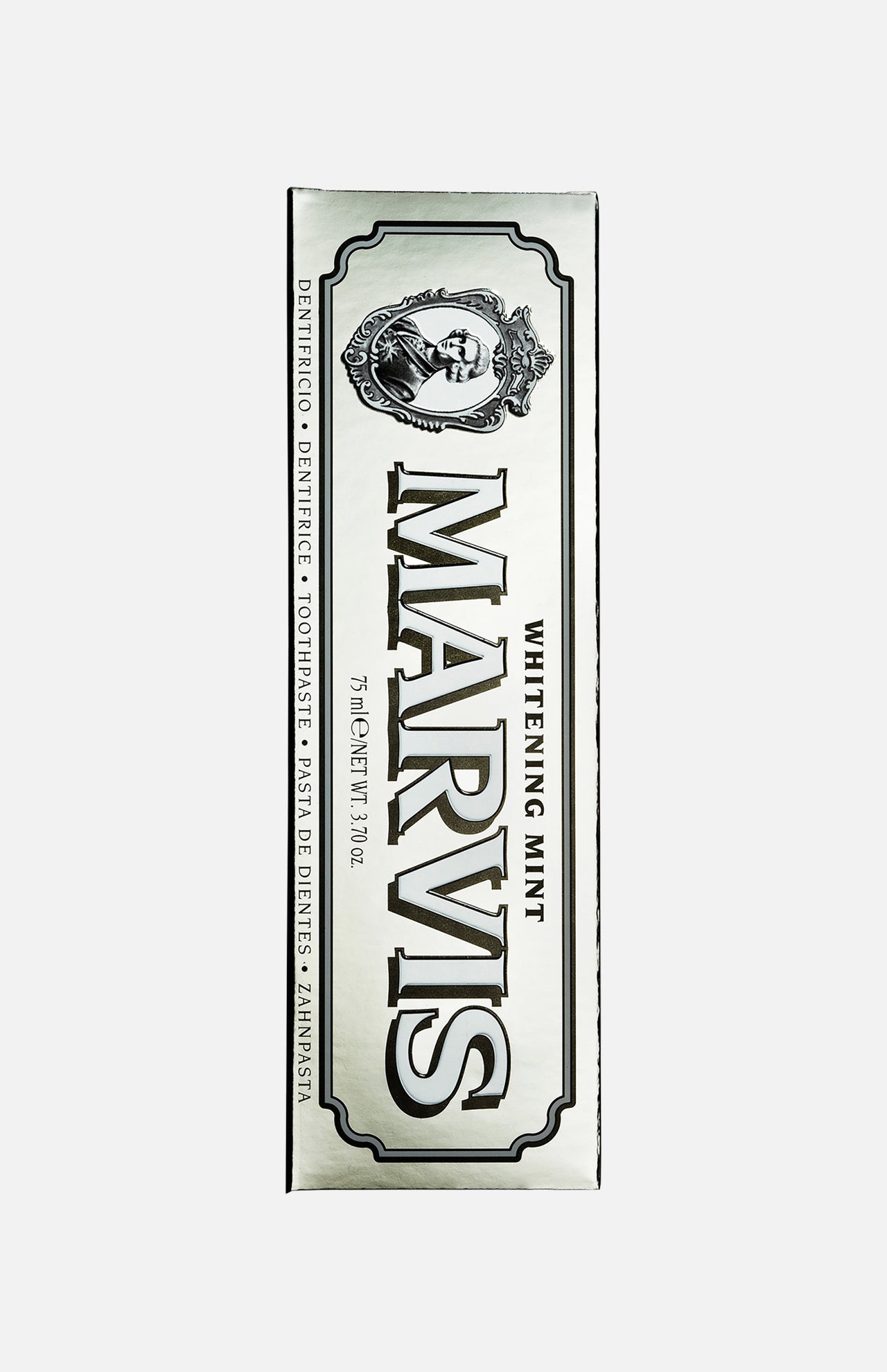 A box of MARVIS Whitening Mint Toothpaste, silver in color, featuring a vintage-style label and an illustration of a person in an oval frame at the top. This Italian-made toothpaste by MARVIS delivers a refreshing approach to teeth whitening while adding elegance to your daily routine.