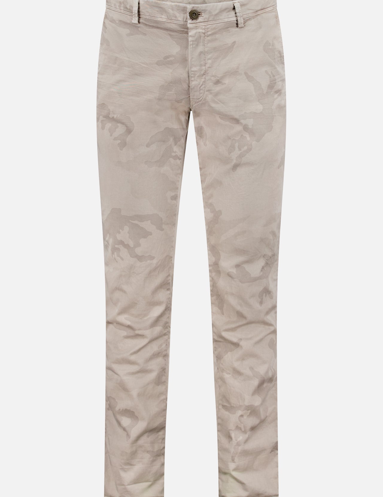 MASON'S Camo Eisenhower Style NY Fit Trouser Pant in beige camouflage print features a straight-leg fit, cotton stretch fabric, button and zipper closure, and front pockets, shown against a white background.