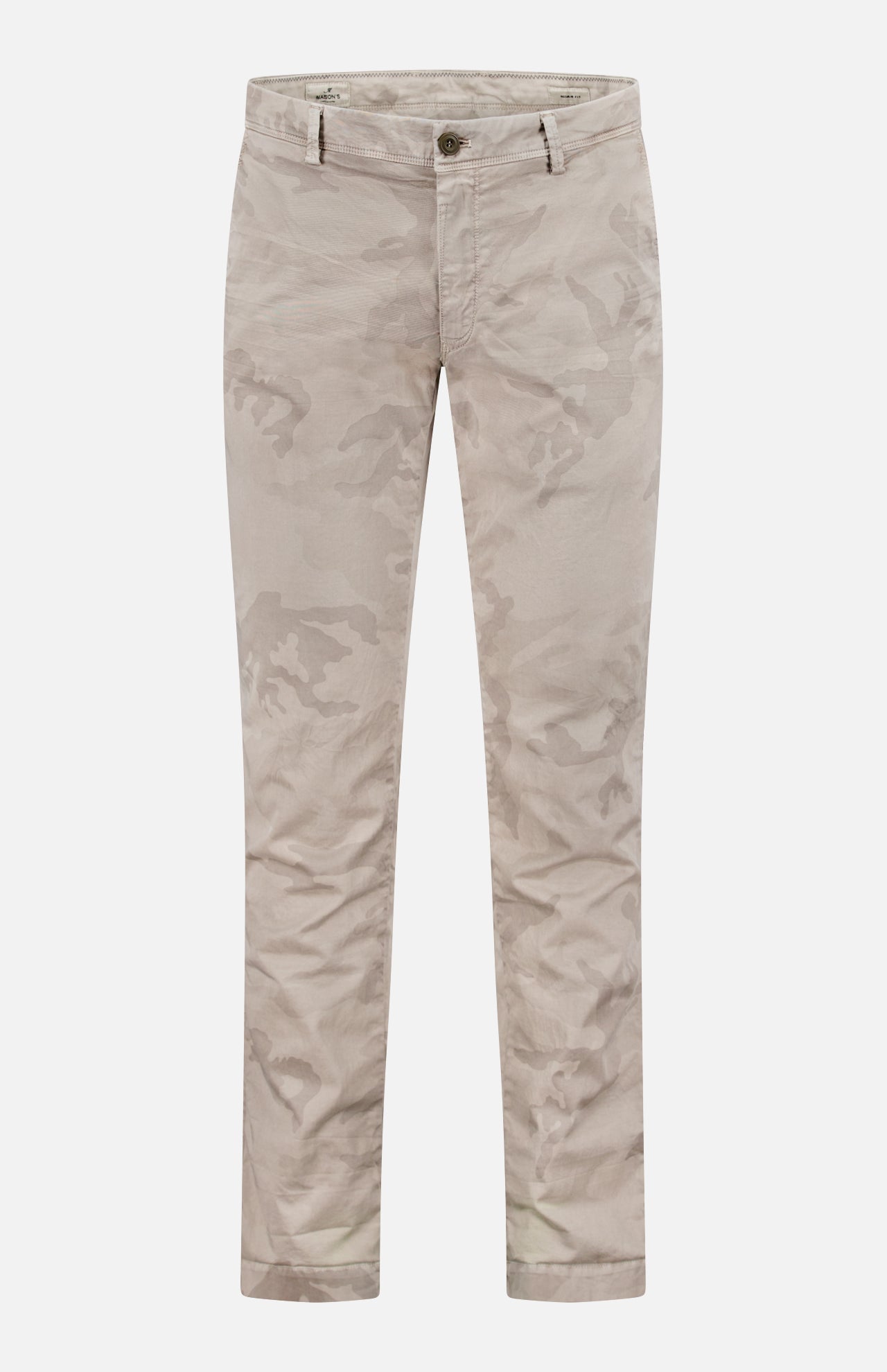 MASON'S Camo Eisenhower Style NY Fit Trouser Pant in beige camouflage print features a straight-leg fit, cotton stretch fabric, button and zipper closure, and front pockets, shown against a white background.