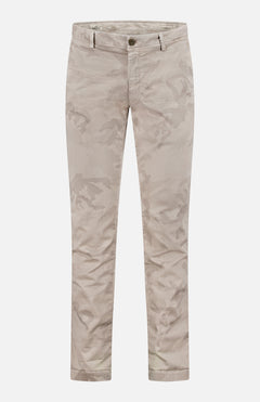 MASON'S Camo Eisenhower Style NY Fit Trouser Pant in beige camouflage print features a straight-leg fit, cotton stretch fabric, button and zipper closure, and front pockets, shown against a white background.