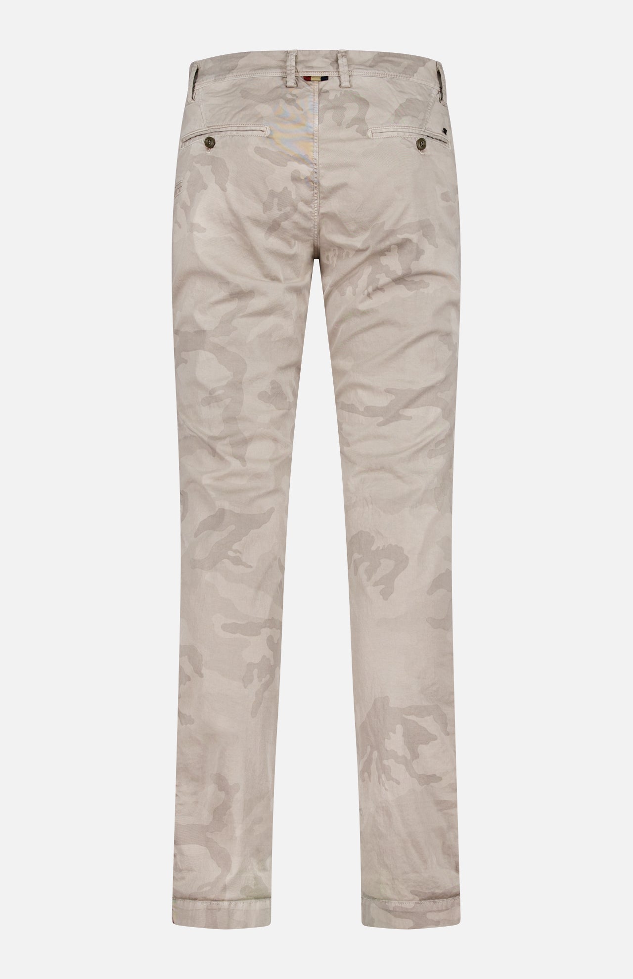 The MASON'S Camo Eisenhower Style NY Fit Trouser Pant is shown from the back in light beige camo print, featuring two back pockets and button closures.