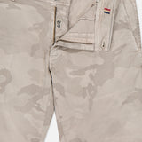 MASON'S Camo Eisenhower Style NY Fit Trouser Pant in beige and light grey camo print, shown partially unzipped with a button closure, small flag tag by the waistband, and visible inner cotton stretch waistband and fly.