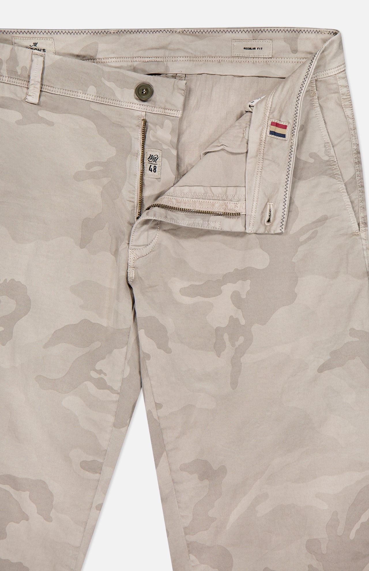 MASON'S Camo Eisenhower Style NY Fit Trouser Pant in beige and light grey camo print, shown partially unzipped with a button closure, small flag tag by the waistband, and visible inner cotton stretch waistband and fly.