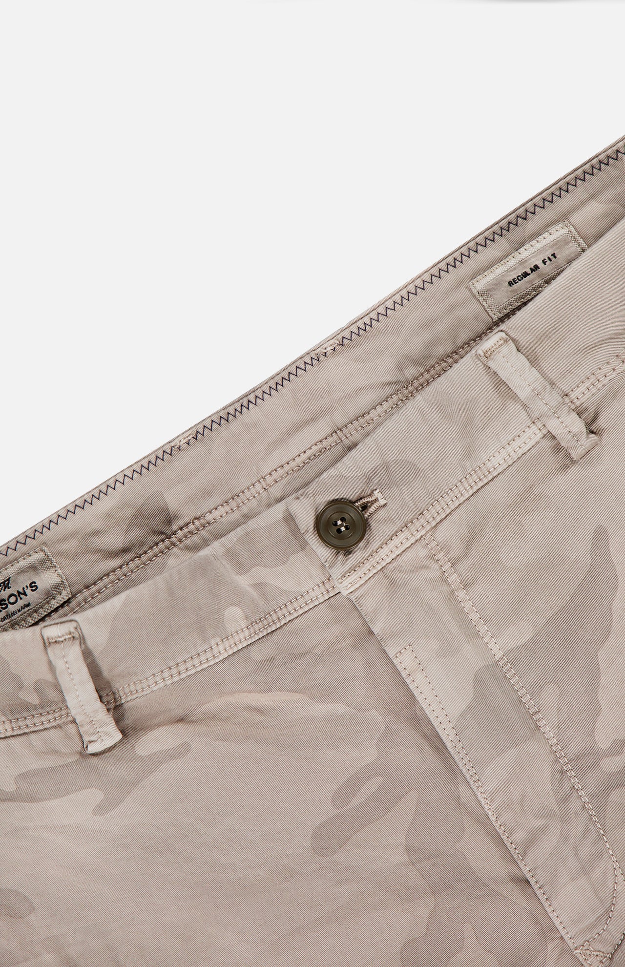 Close-up of MASON'S Camo Eisenhower Style NY Fit Trouser Pant in beige camouflage, showing waistband, button closure, belt loops, pockets, and a partially visible interior label. Made from stretch cotton fabric.