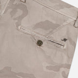 Close-up of MASON'S Camo Eisenhower Style NY Fit Trouser Pant in beige camouflage, featuring a back pocket with button closure, belt loops, and subtle stitching details.