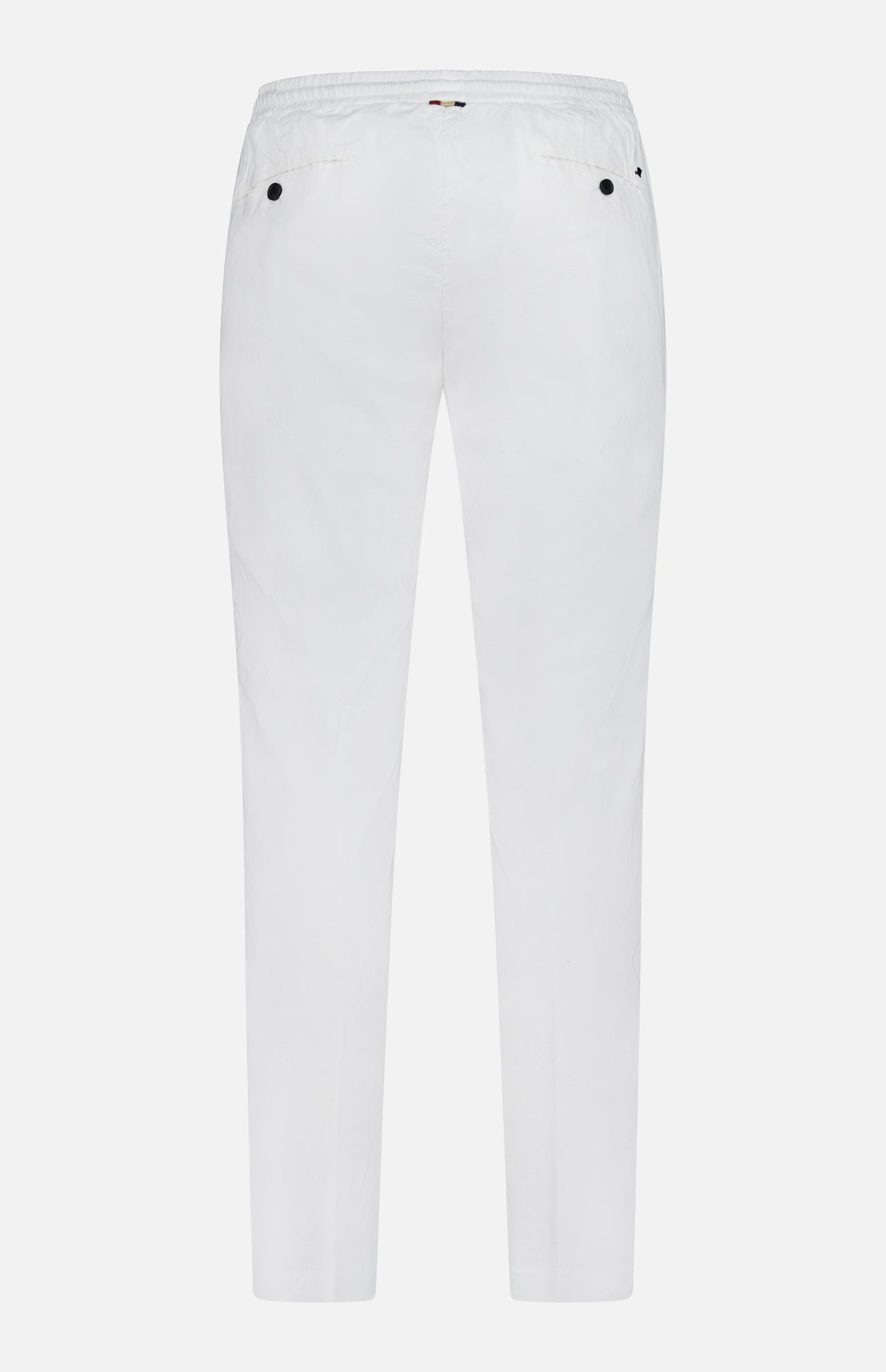 Back view of MASON'S Linen Cotton NY Sack Drawstring Trouser Pant in white, featuring an elastic waistband, straight legs, and two buttoned back pockets—ideal men's casual pants for comfort and style on relaxed occasions.