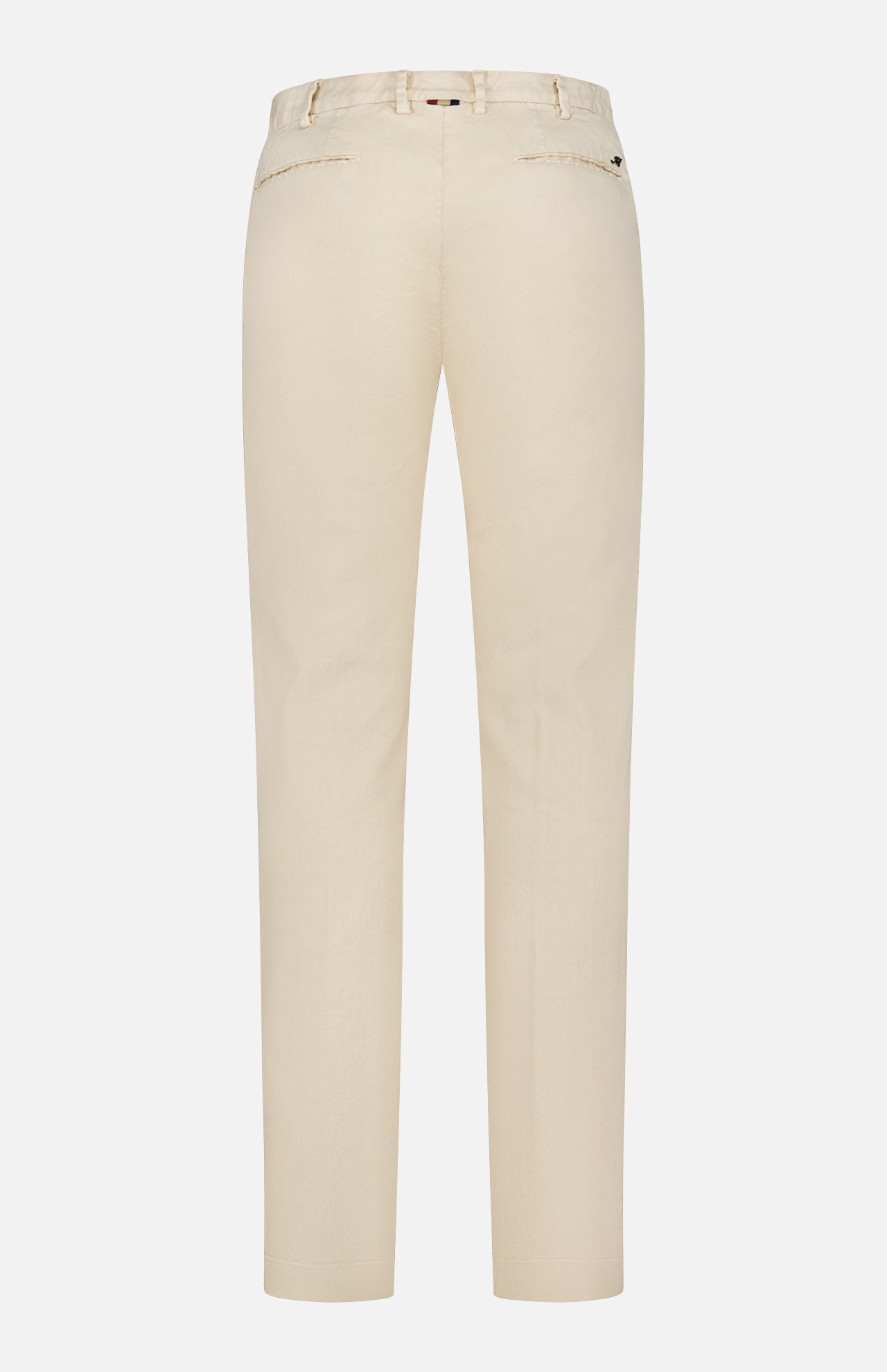 Back view of MASON'S NY Linen Cotton Trouser Pant for men in beige, featuring belt loops, two buttoned back pockets, and straight legs, shown against a white background.