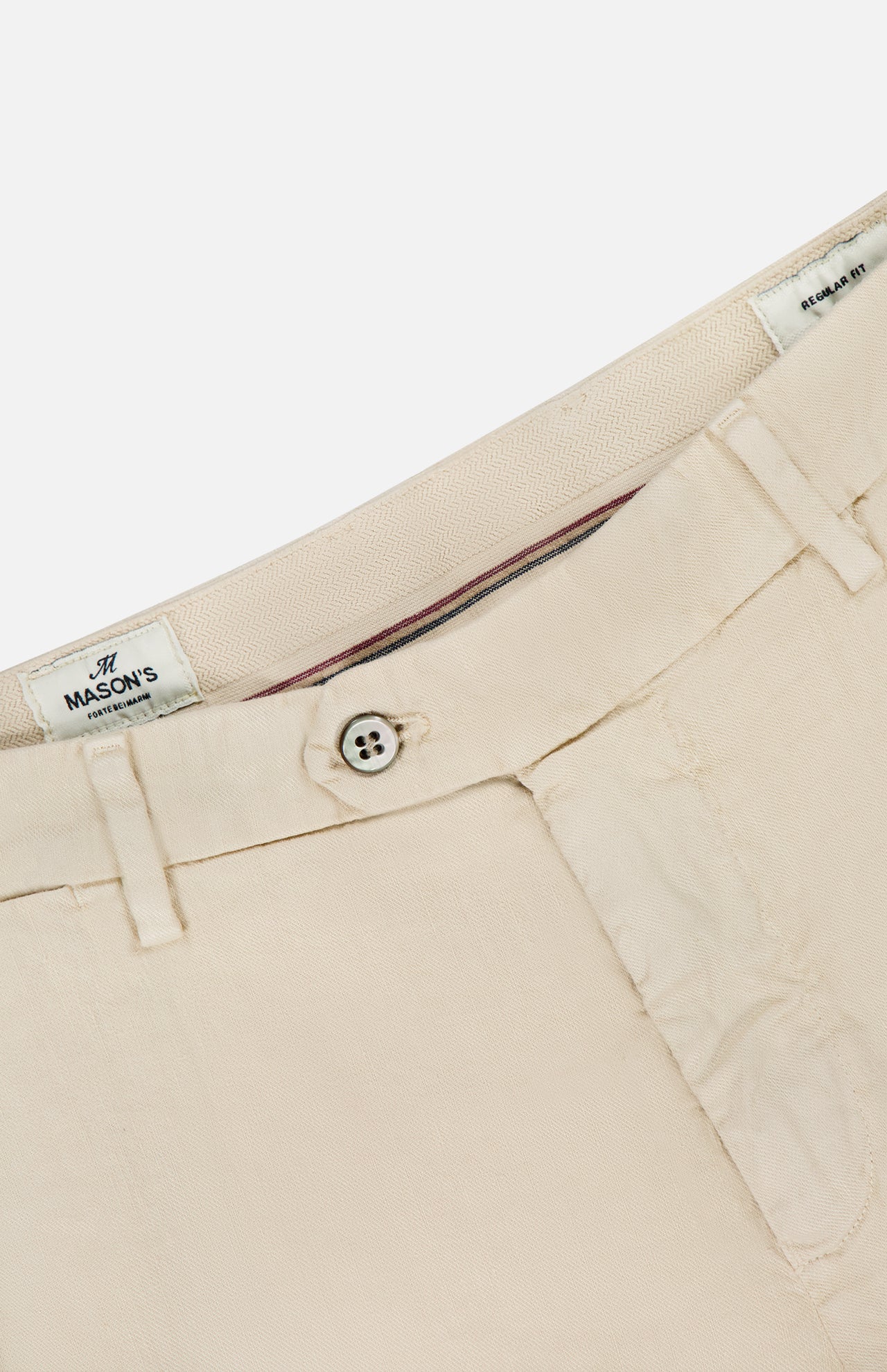 Close-up of the NY Linen Cotton Trouser Pant by MASON'S, highlighting the cream waistband, front button, belt loops, white MASON'S label, and part of the front pocket.