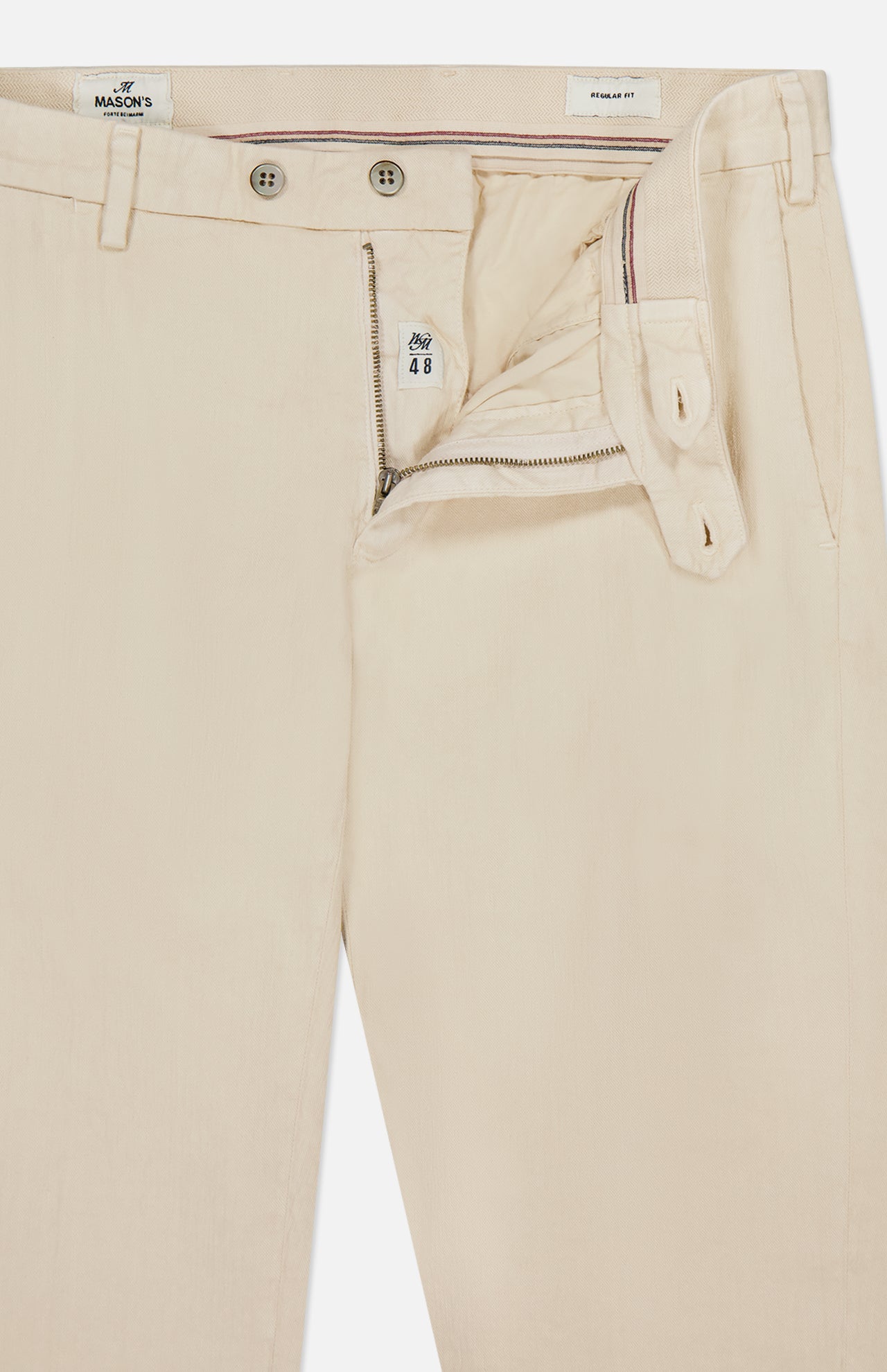 The MASON'S NY Linen Cotton Trouser Pant features cream cotton-blend fabric, a partially open zipper, two visible waistband buttons, inner tags with brand and size, belt loops, and a clean, tailored look for men.