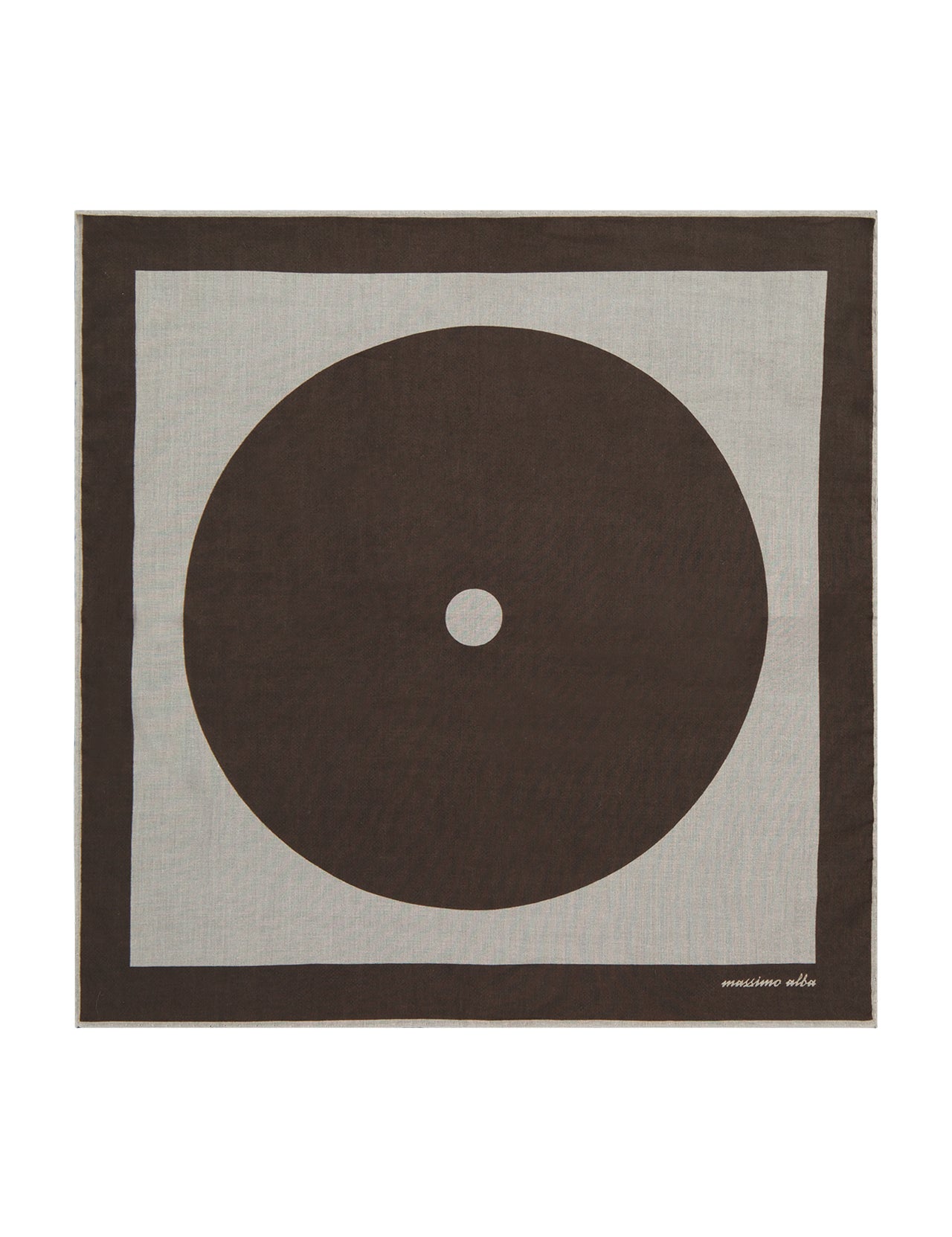 A rectangular 100% cotton Pocket Square by MASSIMO ALBA, featuring a minimalist design with a large dark brown circle, smaller solid center, light gray background, and dark border. "Massimo Alba" is printed in one corner for a refined touch.