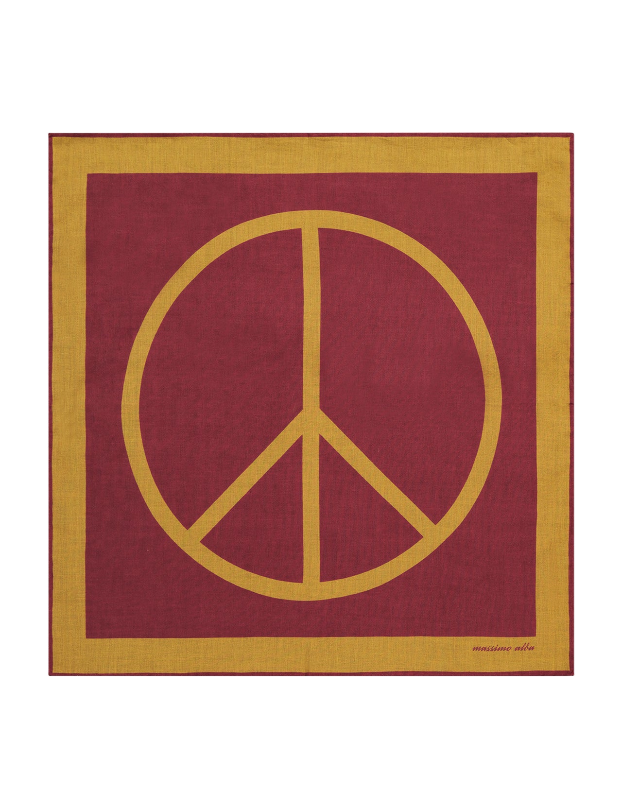 The MASSIMO ALBA Pocket Square is made from 100% cotton, showcasing a bold yellow peace symbol on a burgundy background with a yellow border—a standout accessory for any outfit.