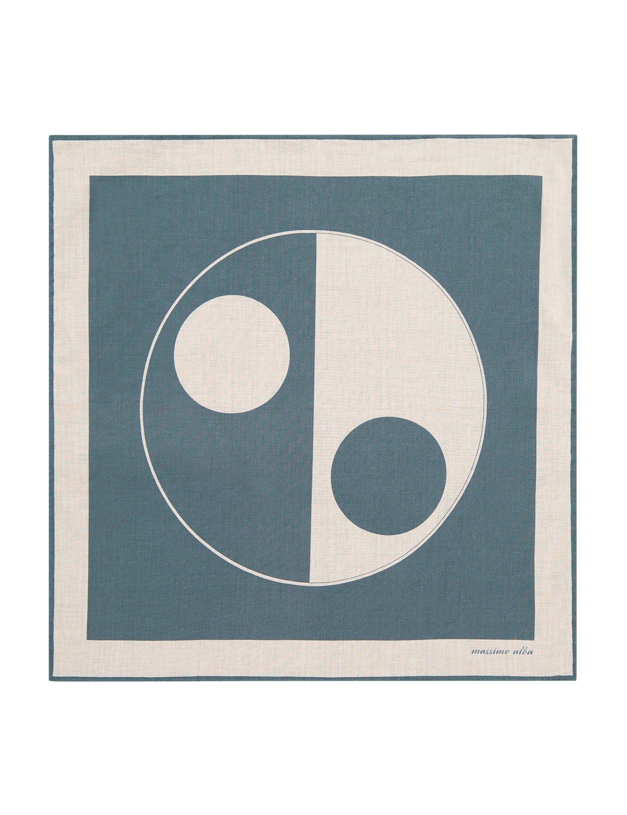 The MASSIMO ALBA Pocket Square is crafted from 100% cotton, featuring a blue and off-white geometric circle pattern with a border and the brand’s signature on the lower right corner.