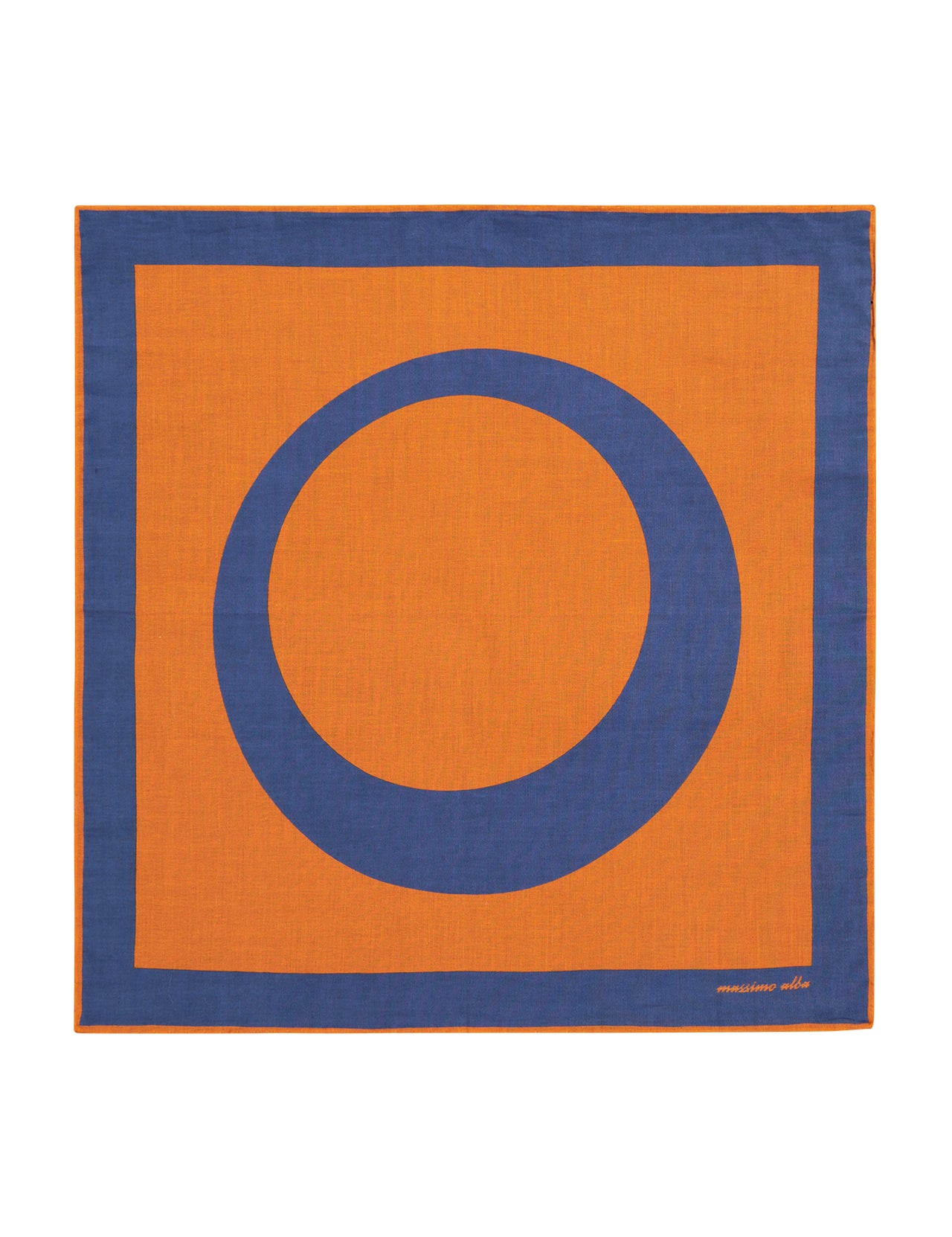 Add Italian flair to your look with the MASSIMO ALBA Pocket Square: orange with a bold blue border, large central blue ring, and subtle white text in the lower right corner. Crafted from 100% cotton.