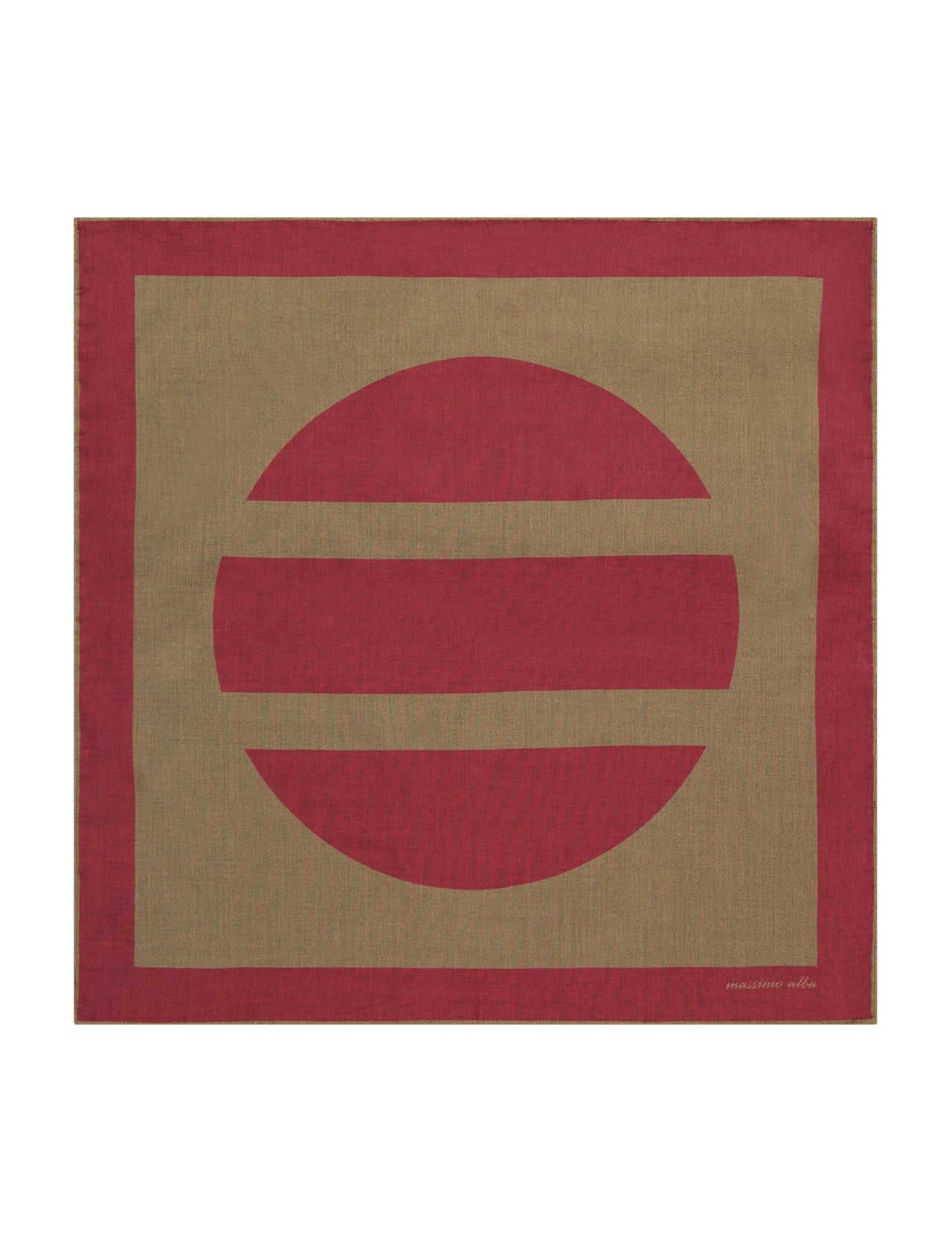 The MASSIMO ALBA Pocket Square is a rectangular Italian accessory with a bold red circle divided by two beige bands on a beige background, framed by a striking red border, and made from 100% cotton.