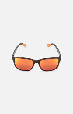 MAUI JIM Hawaii Lava Lehiwa Square Brown Sunglasses featuring rectangular frames, orange-tinted reflective lenses, and orange temple tips. Set against a plain white background.