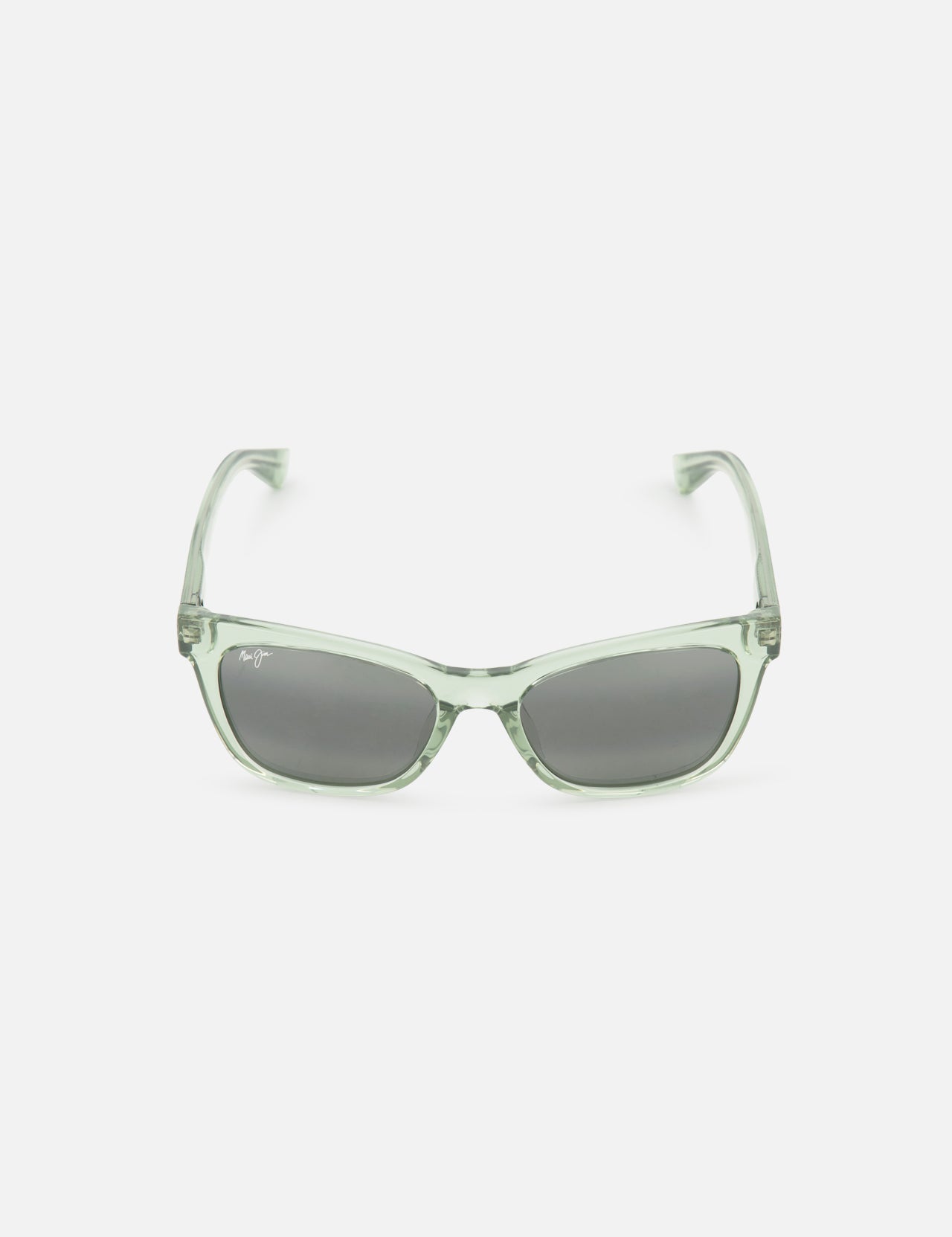 The MAUI JIM Hiwahiwa Butterfly Green Sunglasses feature rectangular polarized lenses and light green transparent frames, shown against a plain white background.