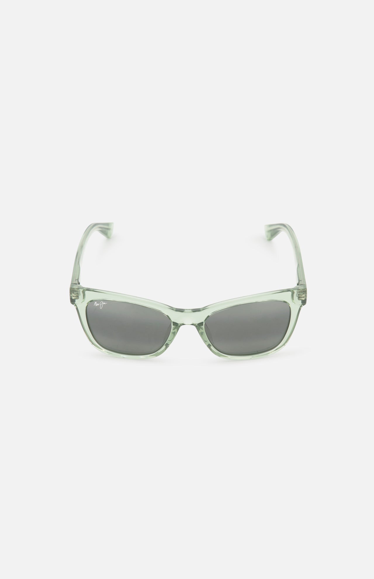 The MAUI JIM Hiwahiwa Butterfly Green Sunglasses feature rectangular polarized lenses and light green transparent frames, shown against a plain white background.